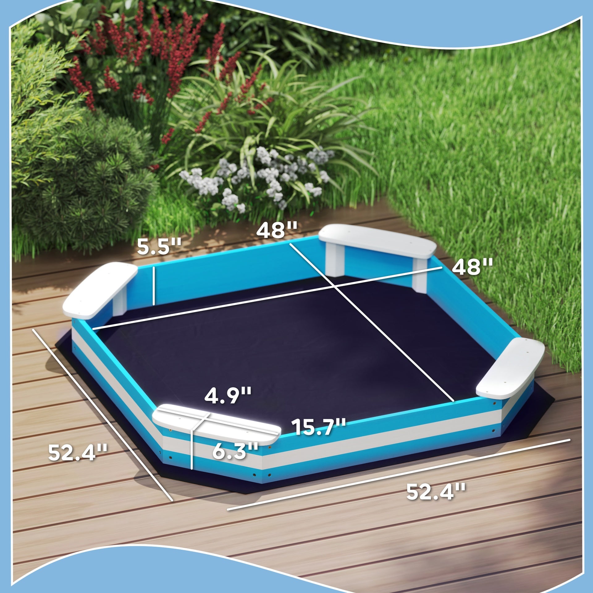 Qaba Kids Sandbox with 4 Corner Seats, Bottom Liner for Backyard, Garden, Outdoor, 52" x 52" x 6", Blue