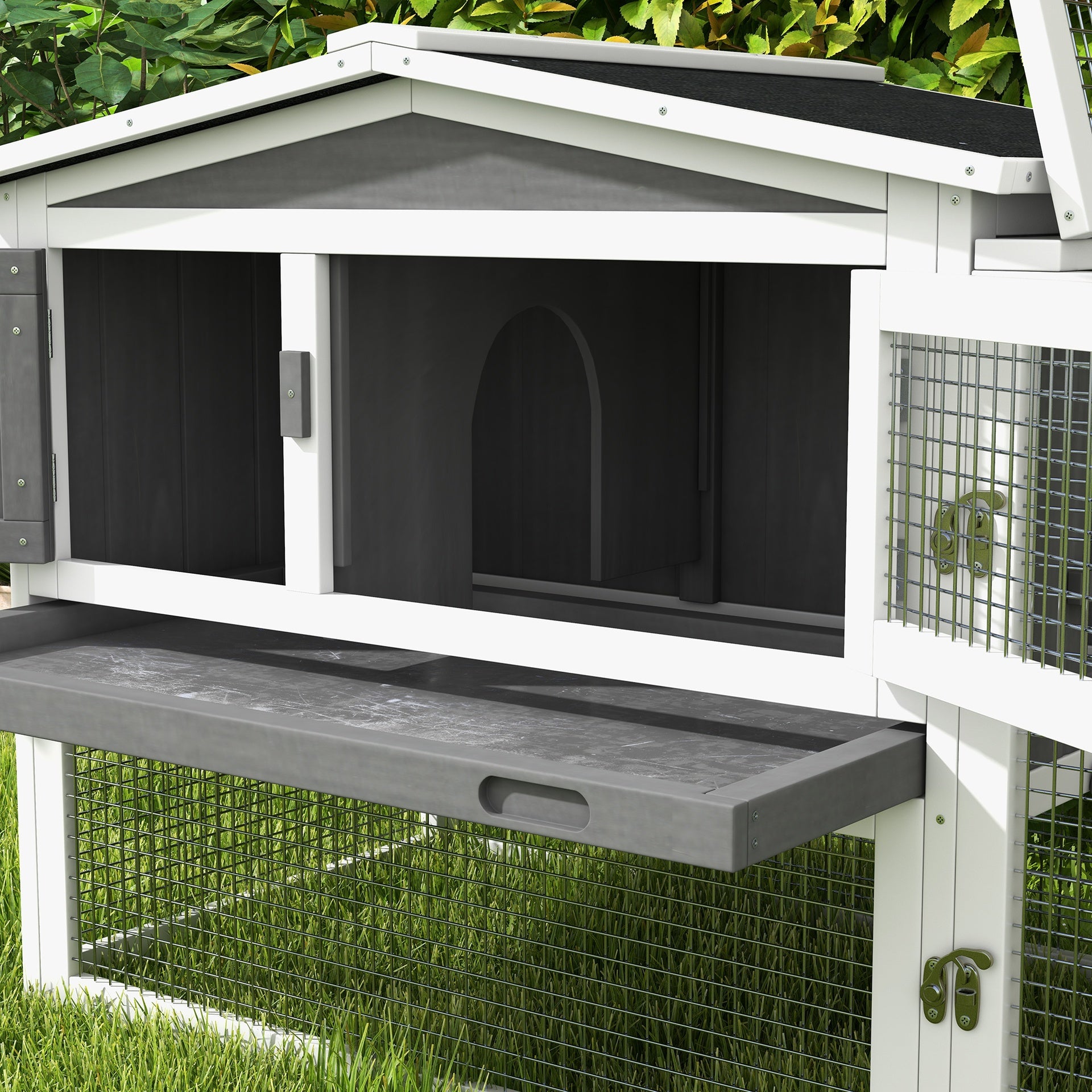 PawHut Rabbit Hutch 2-Story Bunny Cage, Guinea Pig Cage Indoor Outdoor, Small Animal House with Slide Out Tray, for Rabbits, Chickens, Ducks, 61.5" x 23" x 27", Light Gray