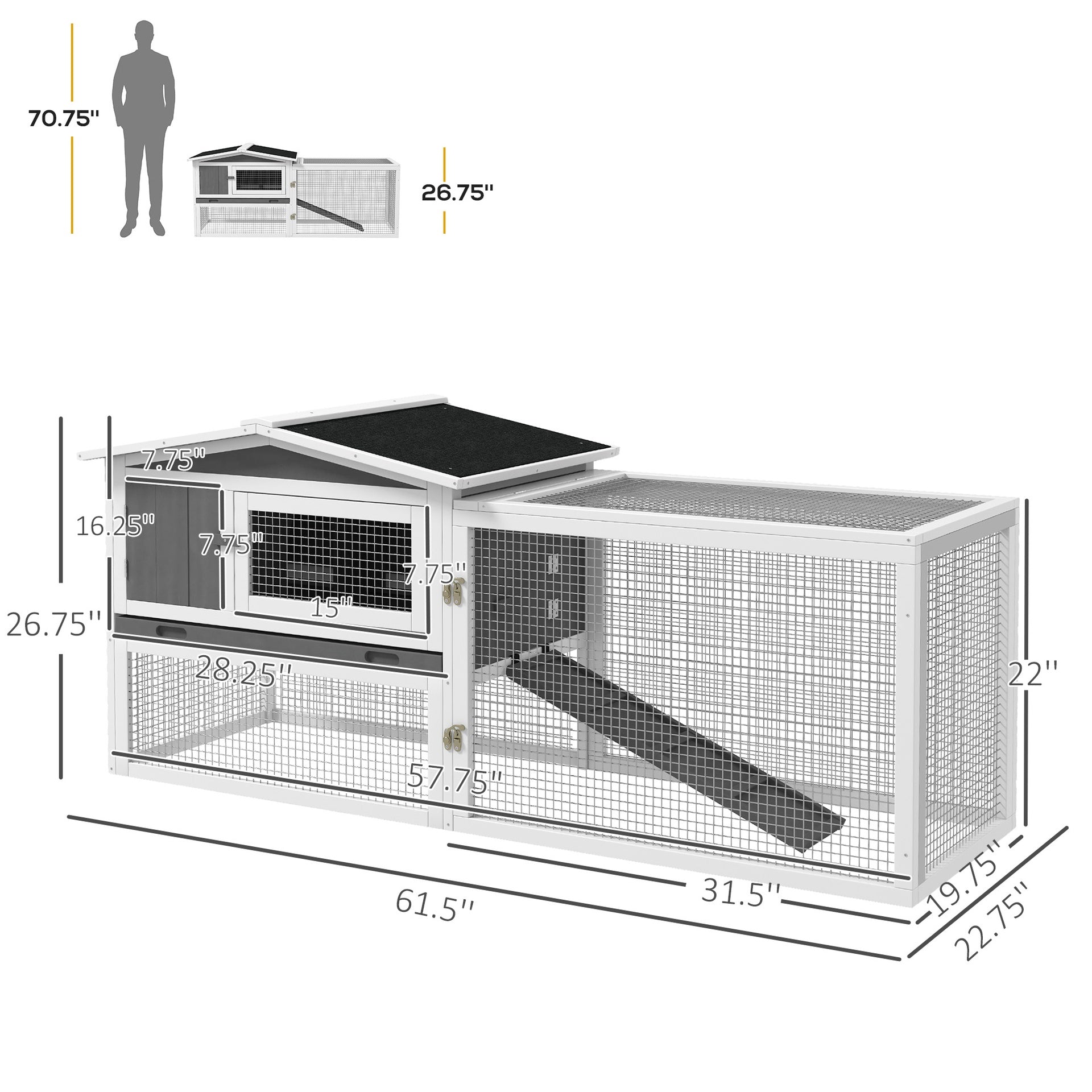 PawHut Rabbit Hutch 2-Story Bunny Cage, Guinea Pig Cage Indoor Outdoor, Small Animal House with Slide Out Tray, for Rabbits, Chickens, Ducks, 61.5" x 23" x 27", Light Gray