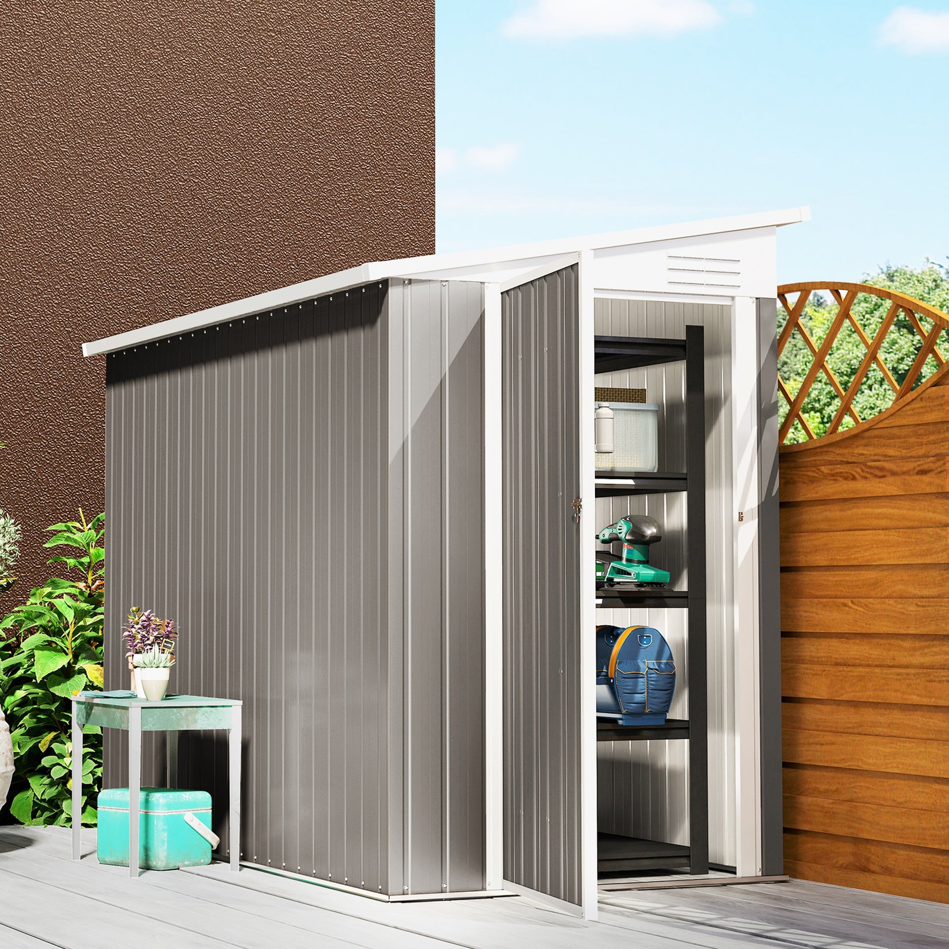 Outsunny 4' x 8' Lean to Garden Storage Shed, Outdoor Metal Tool House with Lockable Door Vents for Backyard Patio Lawn, Light Gray