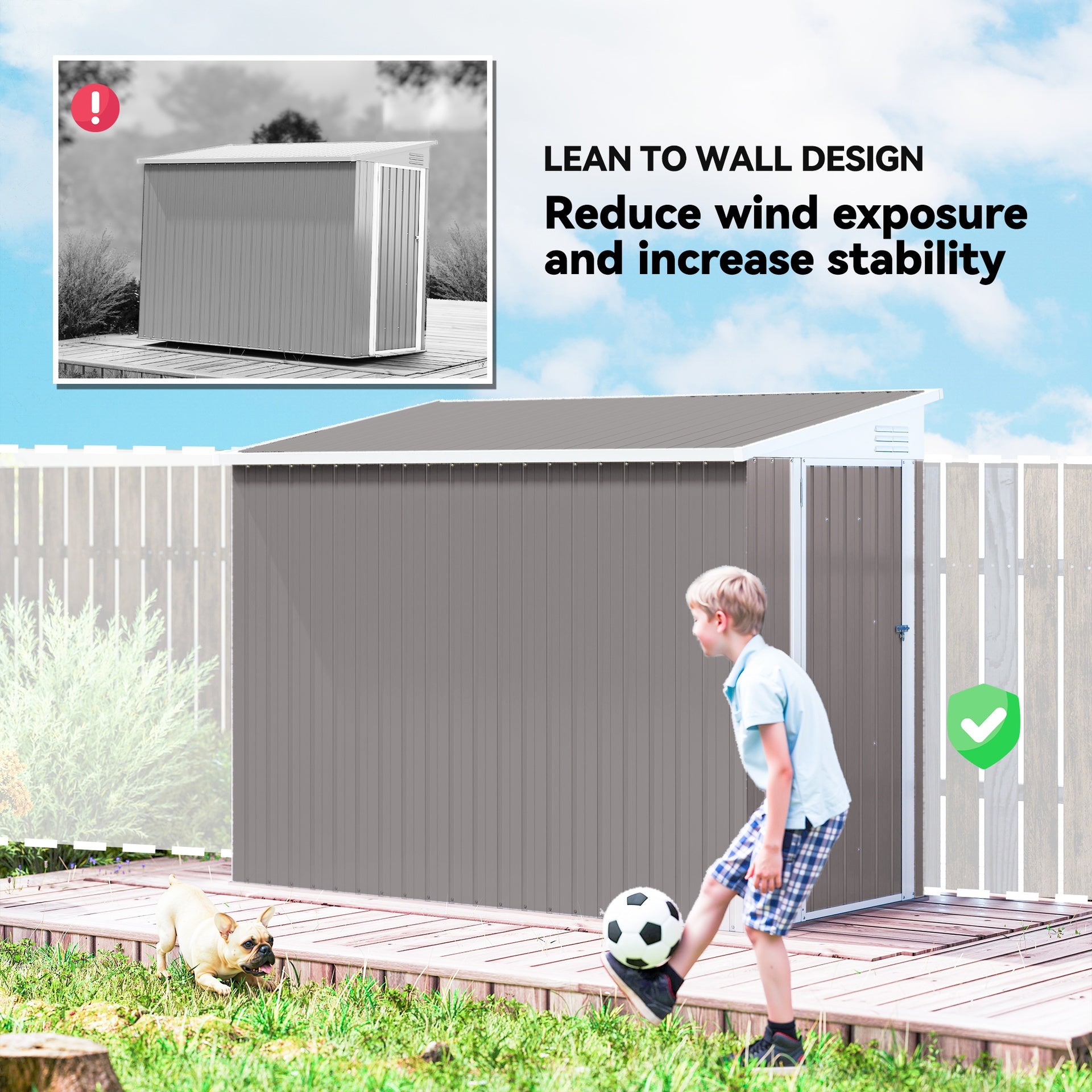Outsunny 4' x 8' Lean to Garden Storage Shed, Outdoor Metal Tool House with Lockable Door Vents for Backyard Patio Lawn, Light Gray