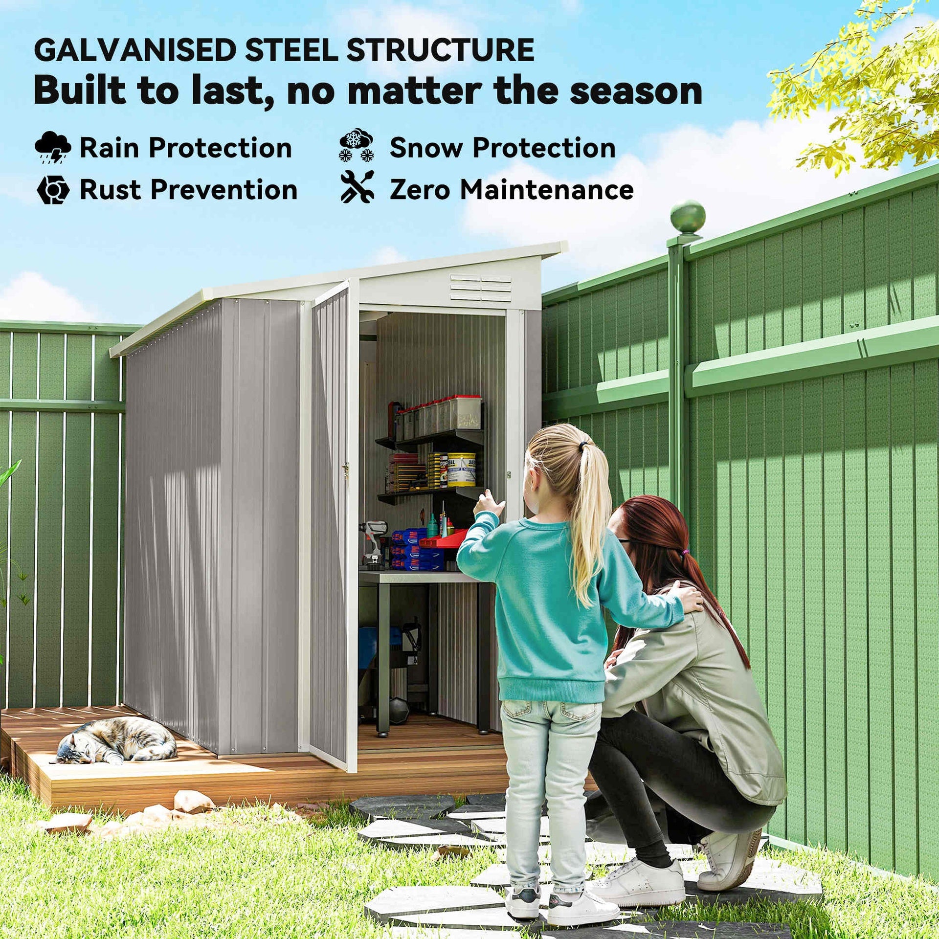 Outsunny 4' x 8' Lean to Garden Storage Shed, Outdoor Metal Tool House with Lockable Door Vents for Backyard Patio Lawn, Light Gray