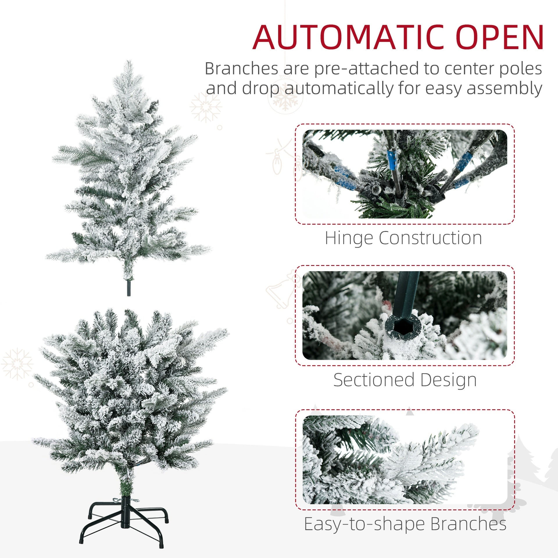 HOMCOM 4.5' Artificial Flocked Christmas Trees, with Snow Frosted Branches, Auto Open, Steel Base