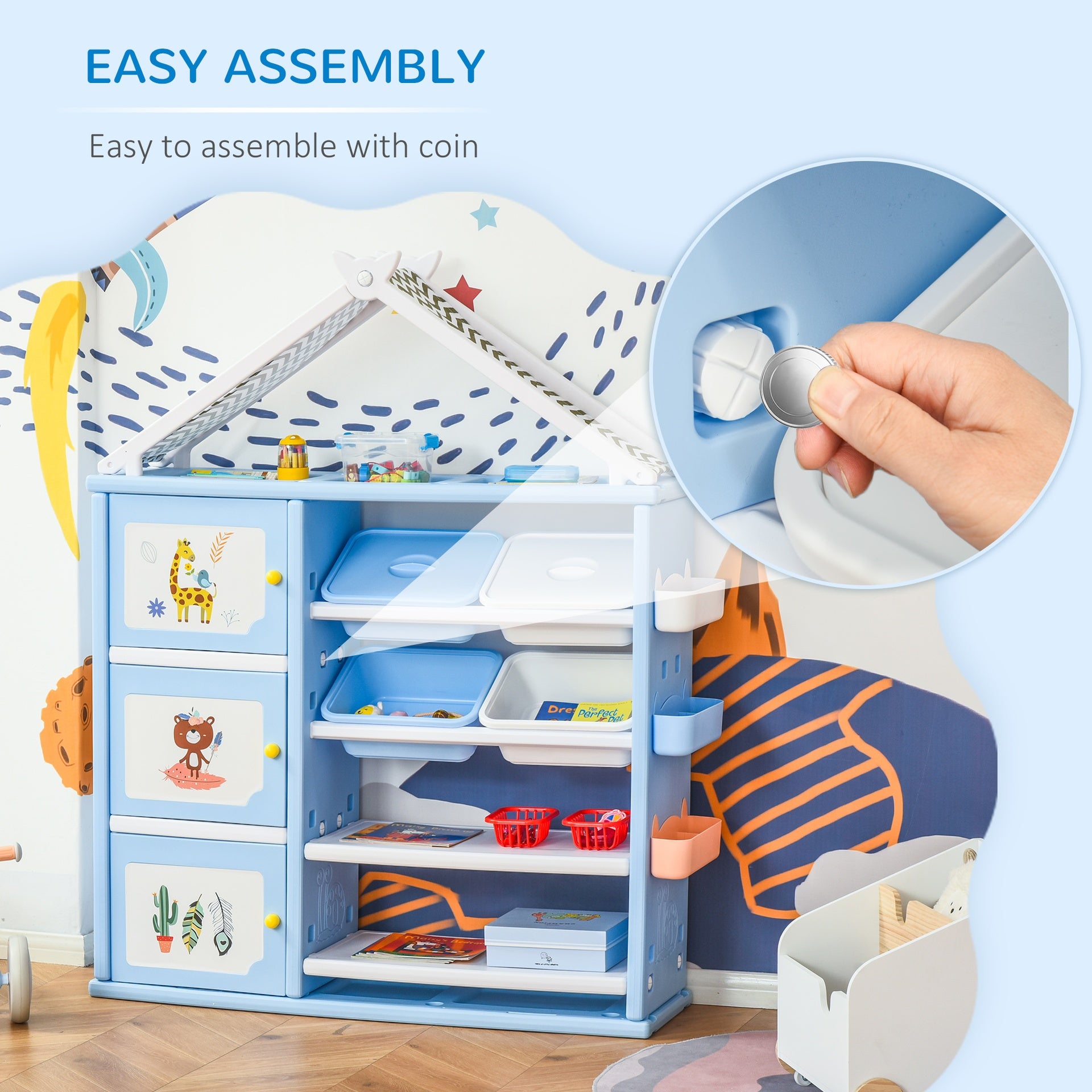 Qaba Kids Toy Storage Organizer with 4 Bins, Storage Cabinets, Bookshelf and 4-Layers Toy Collection Shelves, Blue