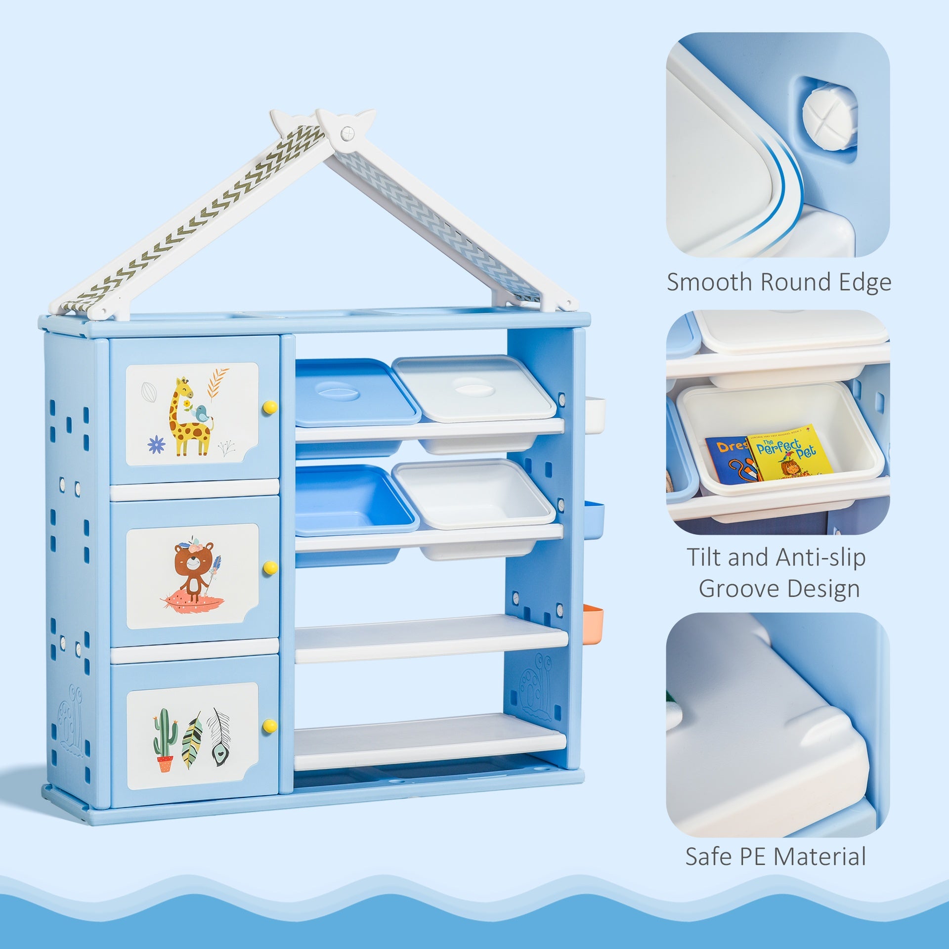 Qaba Kids Toy Storage Organizer with 4 Bins, Storage Cabinets, Bookshelf and 4-Layers Toy Collection Shelves, Blue