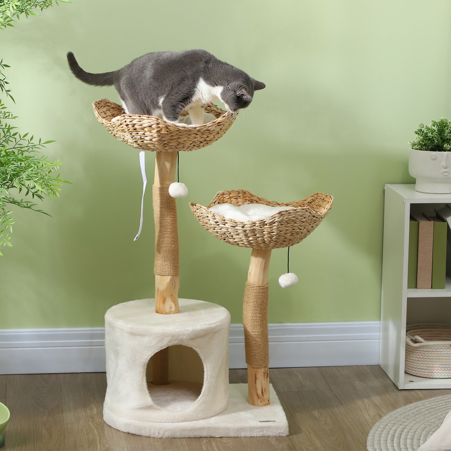 PawHut 37 Inch Modern Cat Tree w/ Wooden Scratching Posts, Condo, Beds, Cushions, Toy Balls & Anti-Tip Kit
