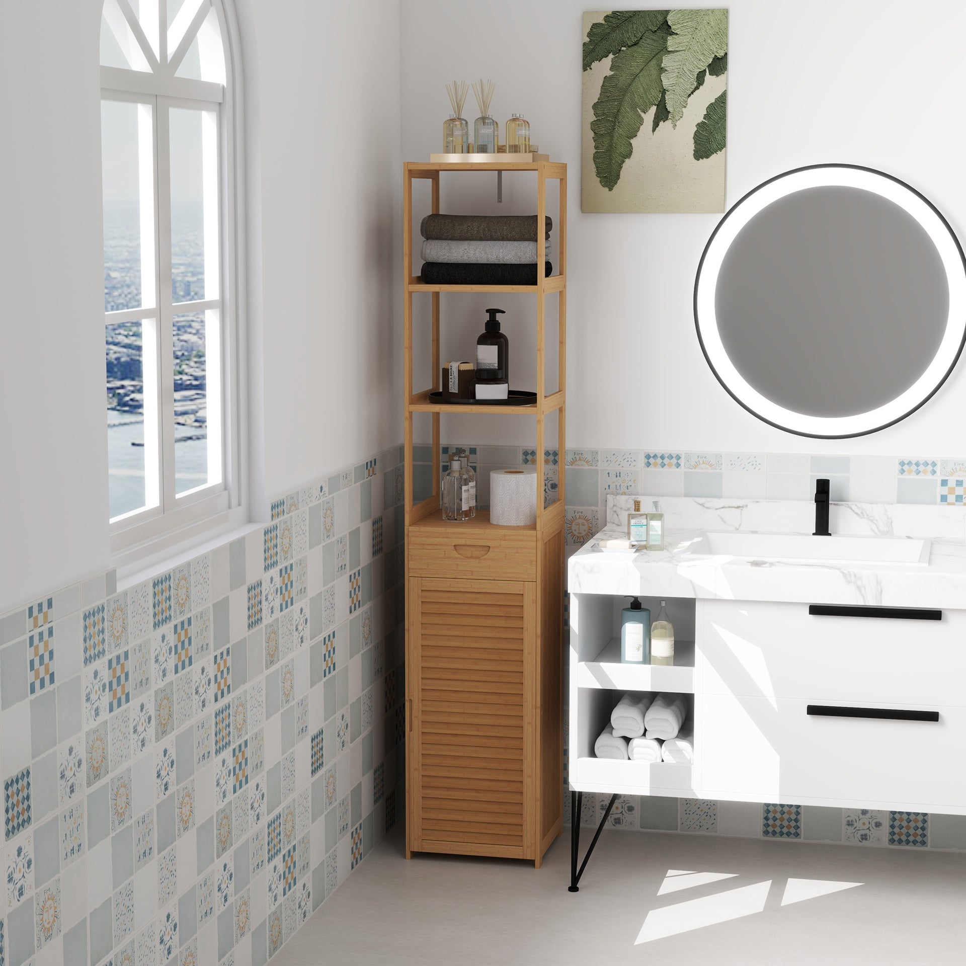 kleankin Bathroom Storage Cabinet with Drawer and Slatted Shelves