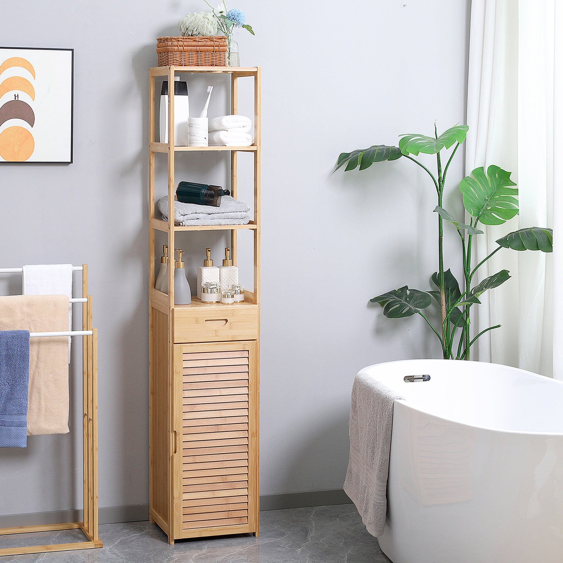 kleankin Bathroom Storage Cabinet with Drawer and Slatted Shelves