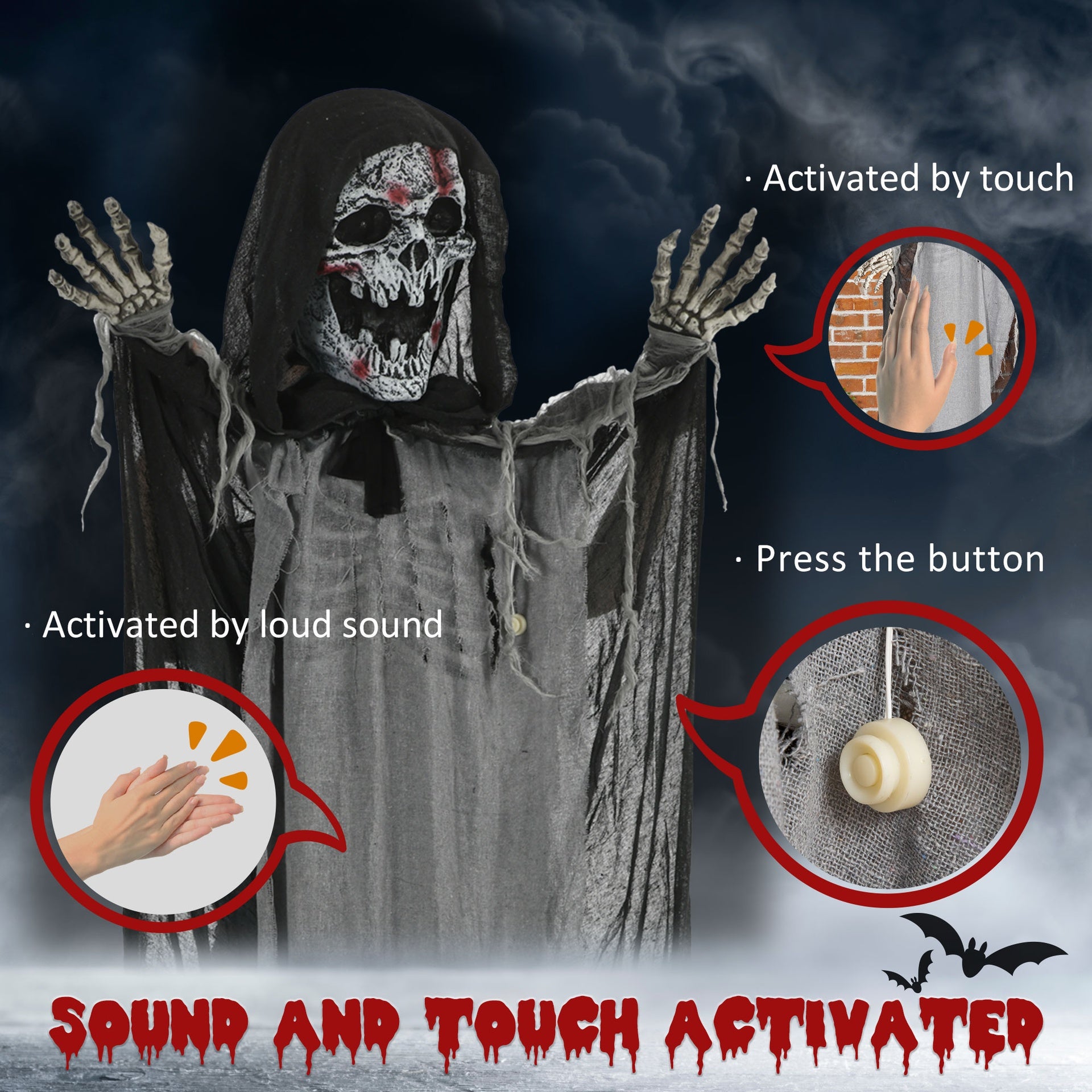 Outsunny 74" Life Size Outdoor Halloween Decorations Skeleton Witch, Animated Prop Animatronic Decor with Sound and Motion Activated, Light Up Eyes and Chest, Howling and Chain Sound