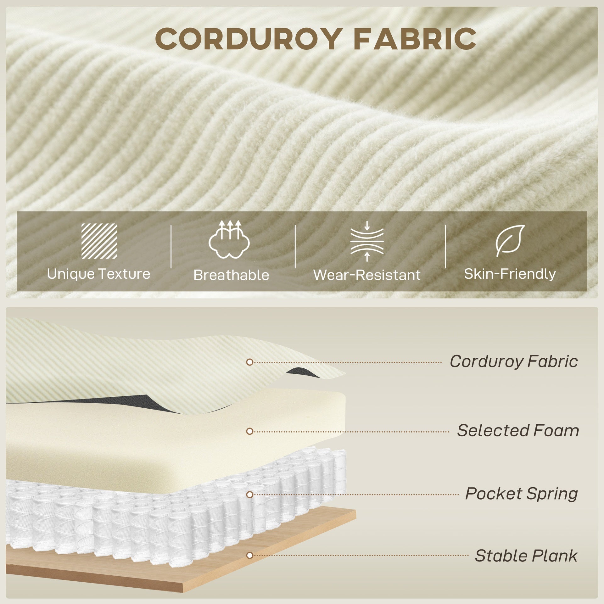 HOMCOM Corner Sofa with Reversible Chaise Lounge, Corduroy L-Shaped Sectional Sofa with Pocket Spring, Cream White