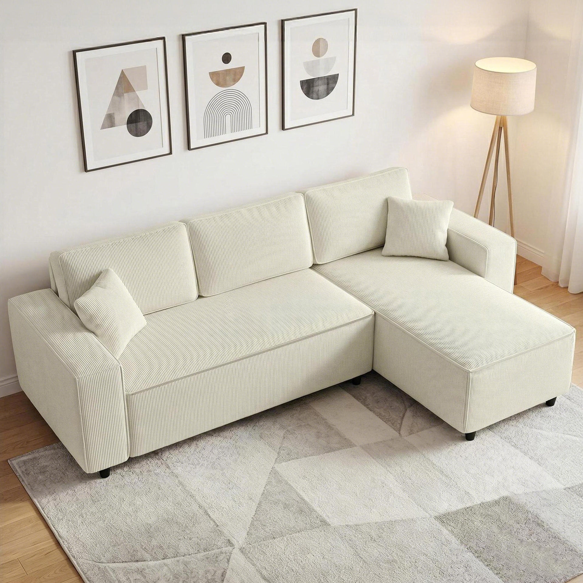 HOMCOM Corner Sofa with Reversible Chaise Lounge, Corduroy L-Shaped Sectional Sofa with Pocket Spring, Cream White