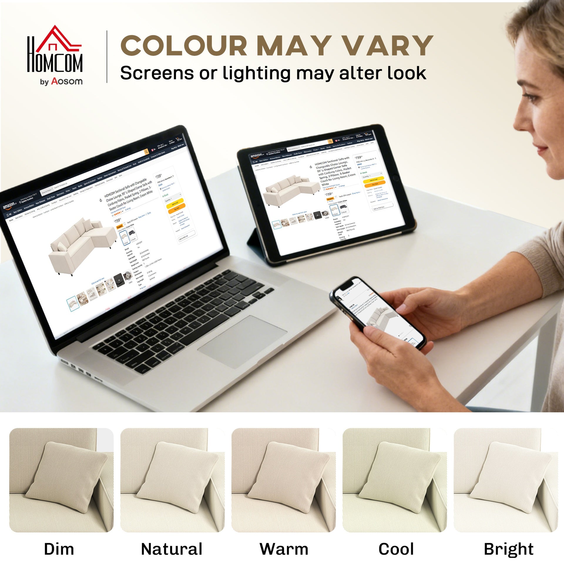 HOMCOM Corner Sofa with Reversible Chaise Lounge, Corduroy L-Shaped Sectional Sofa with Pocket Spring, Cream White