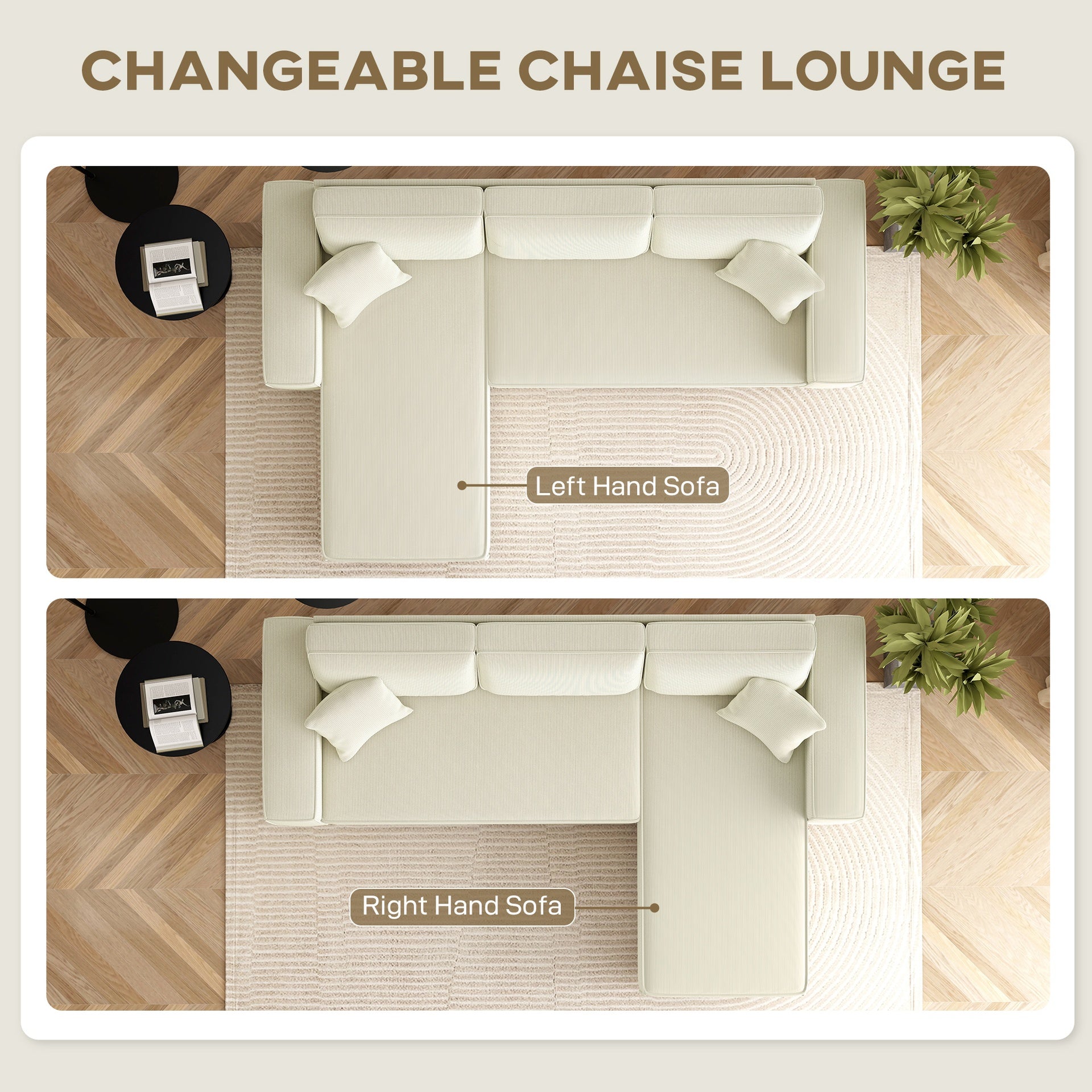 HOMCOM Corner Sofa with Reversible Chaise Lounge, Corduroy L-Shaped Sectional Sofa with Pocket Spring, Cream White