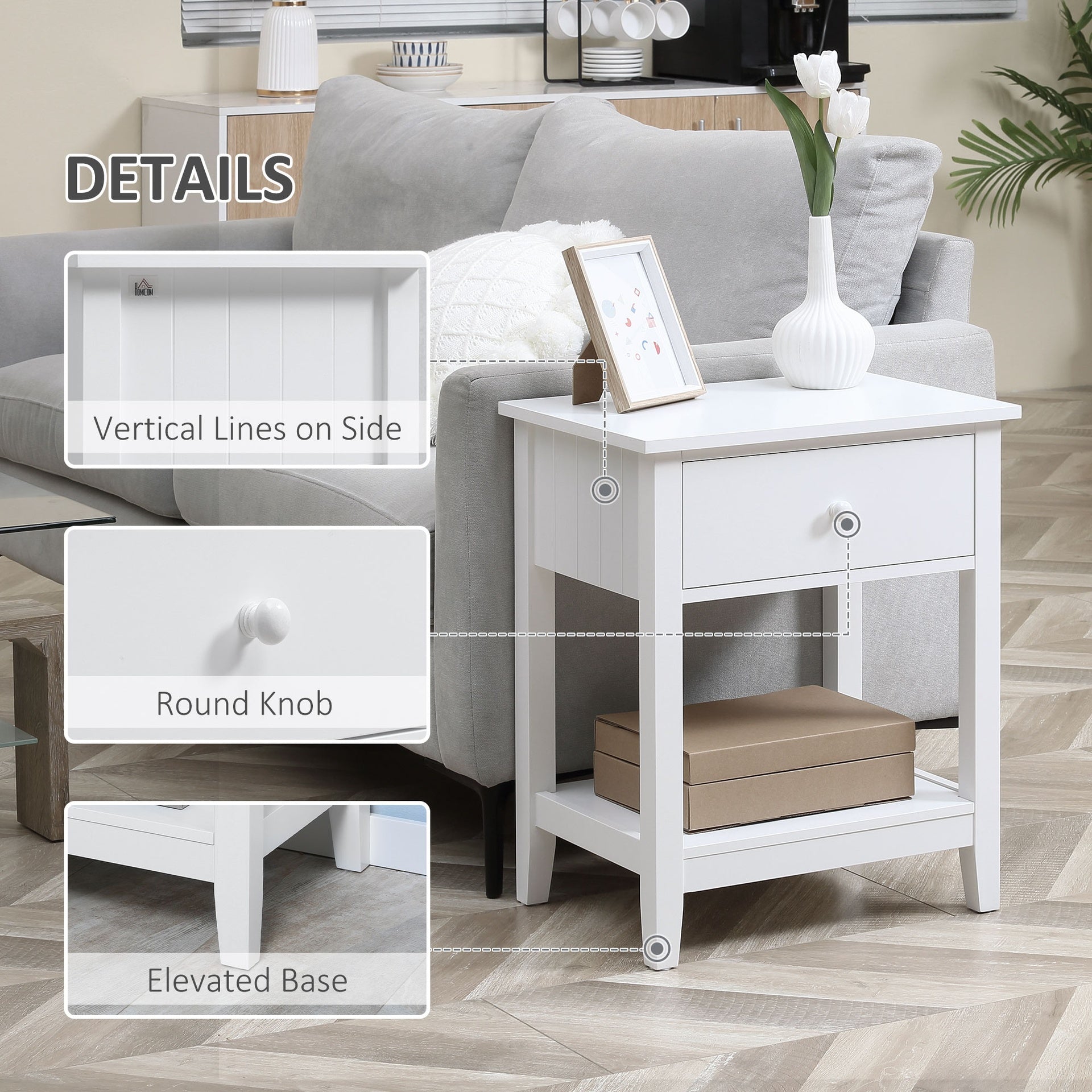 HOMCOM Modern Side Table for Living Room, End Table, 2-tier Side Table with Drawer and Storage Shelf, White