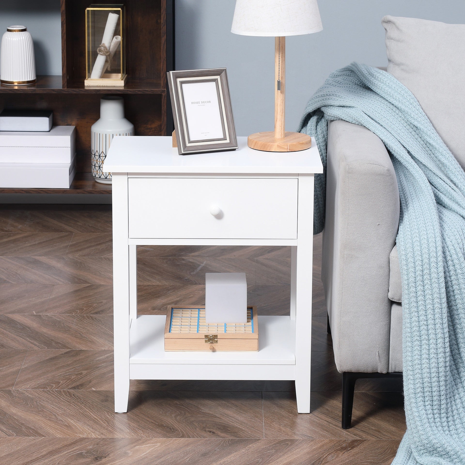 HOMCOM Modern Side Table for Living Room, End Table, 2-tier Side Table with Drawer and Storage Shelf, White