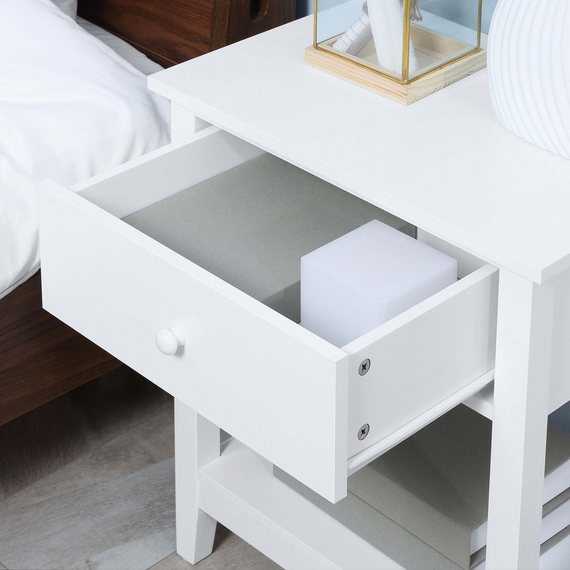 HOMCOM Modern Side Table for Living Room, End Table, 2-tier Side Table with Drawer and Storage Shelf, White