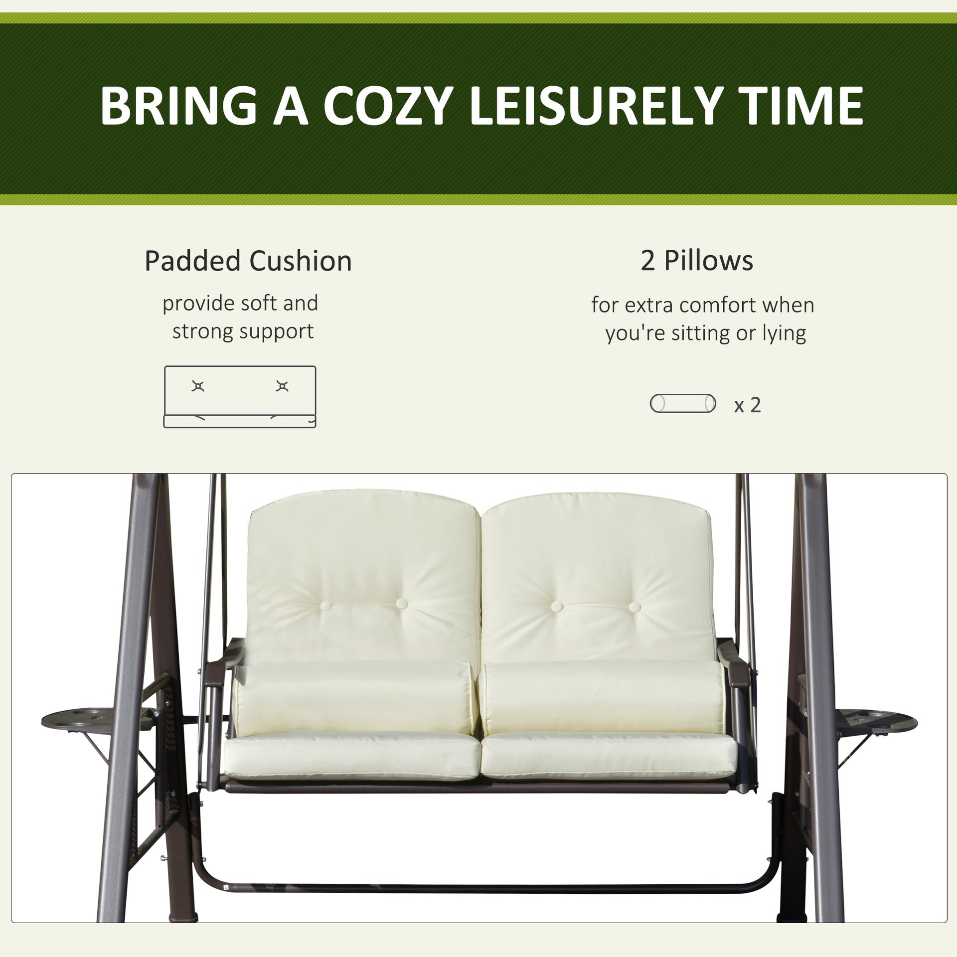 Outsunny 2-Person Patio Swing Bench with Adjustable Shade Canopy, Soft Cushions, Throw Pillows and Tray, Beige.
