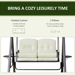 Outsunny 2-Person Patio Swing Bench with Adjustable Shade Canopy, Soft Cushions, Throw Pillows and Tray, Beige.