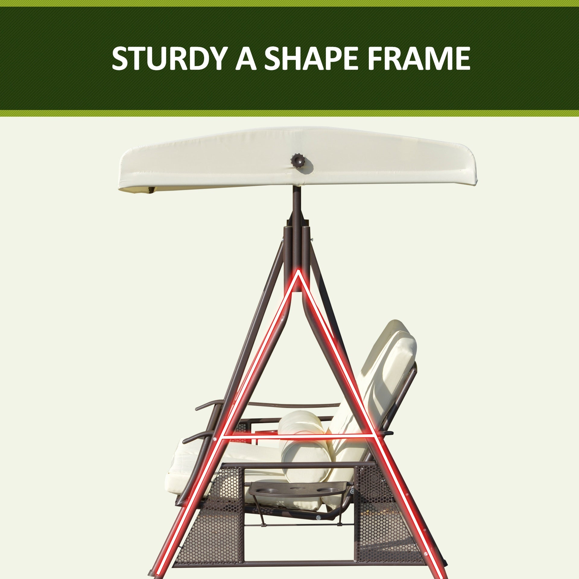 Outsunny 2-Person Patio Swing Bench with Adjustable Shade Canopy, Soft Cushions, Throw Pillows and Tray, Beige.