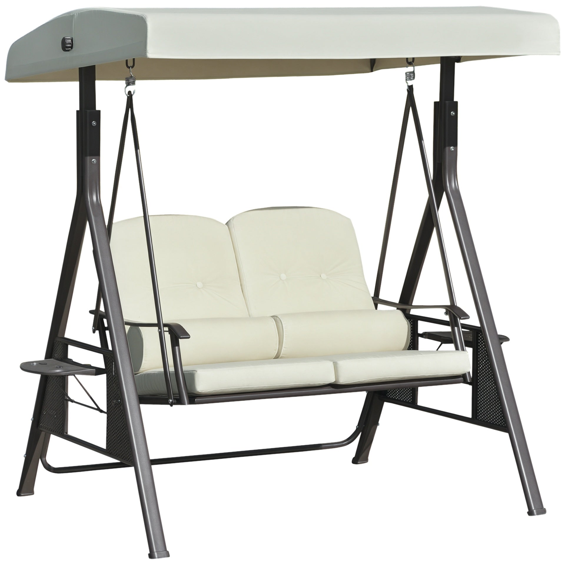 Outsunny 2-Person Patio Swing Bench with Adjustable Shade Canopy, Soft Cushions, Throw Pillows and Tray, Beige.