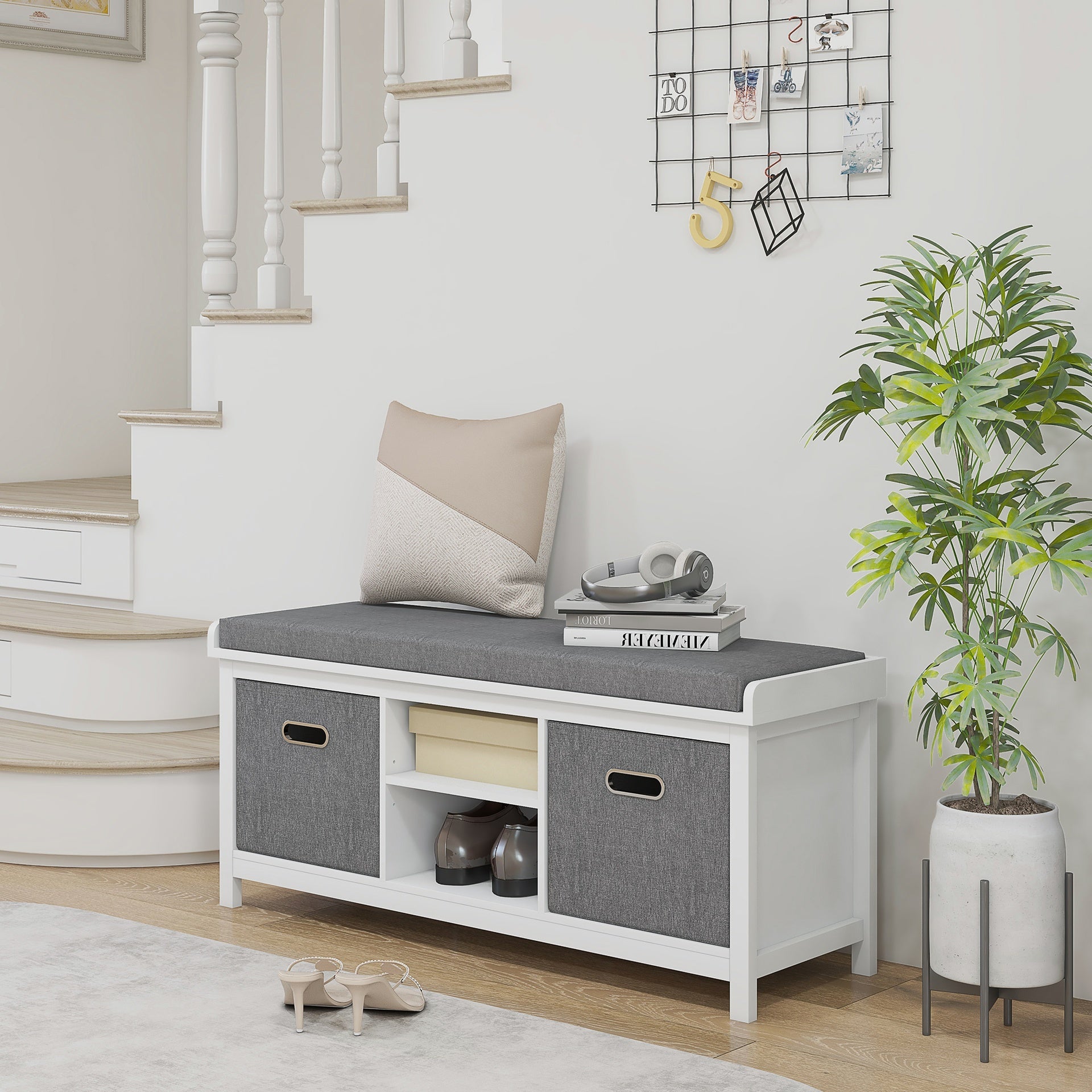 HOMCOM Shoe Storage Bench with Cushioned Seat, Entryway Bench Seat with 2 Drawers and Adjustable Shelf for Hallway, White