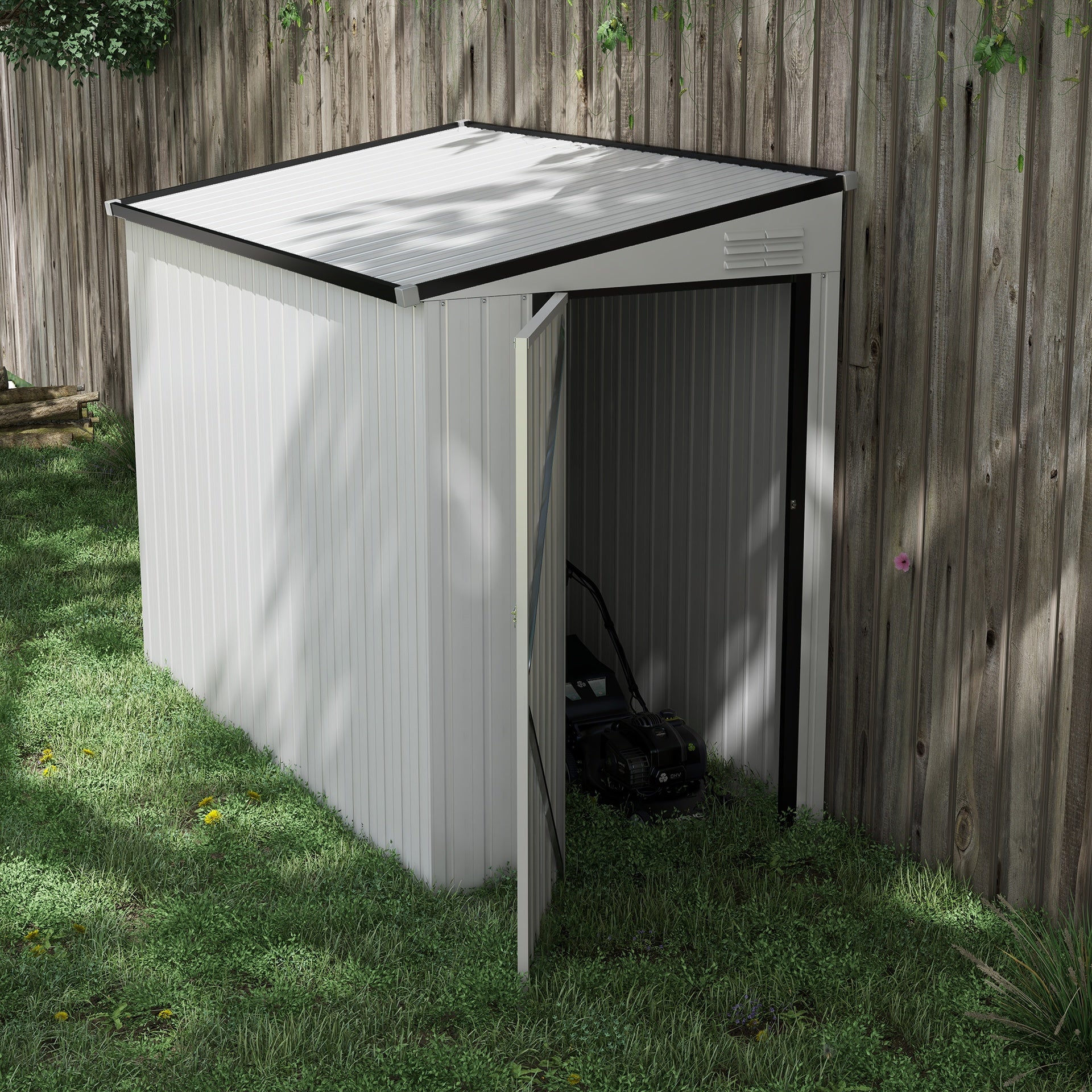 Outsunny 4' x 7.7' Lean to Garden Storage Shed, Outdoor Metal Tool House with Lockable Door Vents for Backyard Patio Lawn, White