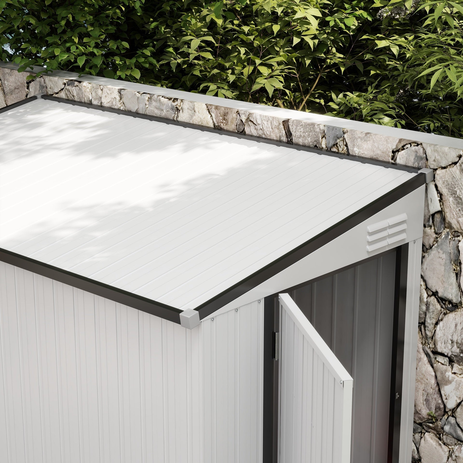 Outsunny 4' x 7.7' Lean to Garden Storage Shed, Outdoor Metal Tool House with Lockable Door Vents for Backyard Patio Lawn, White