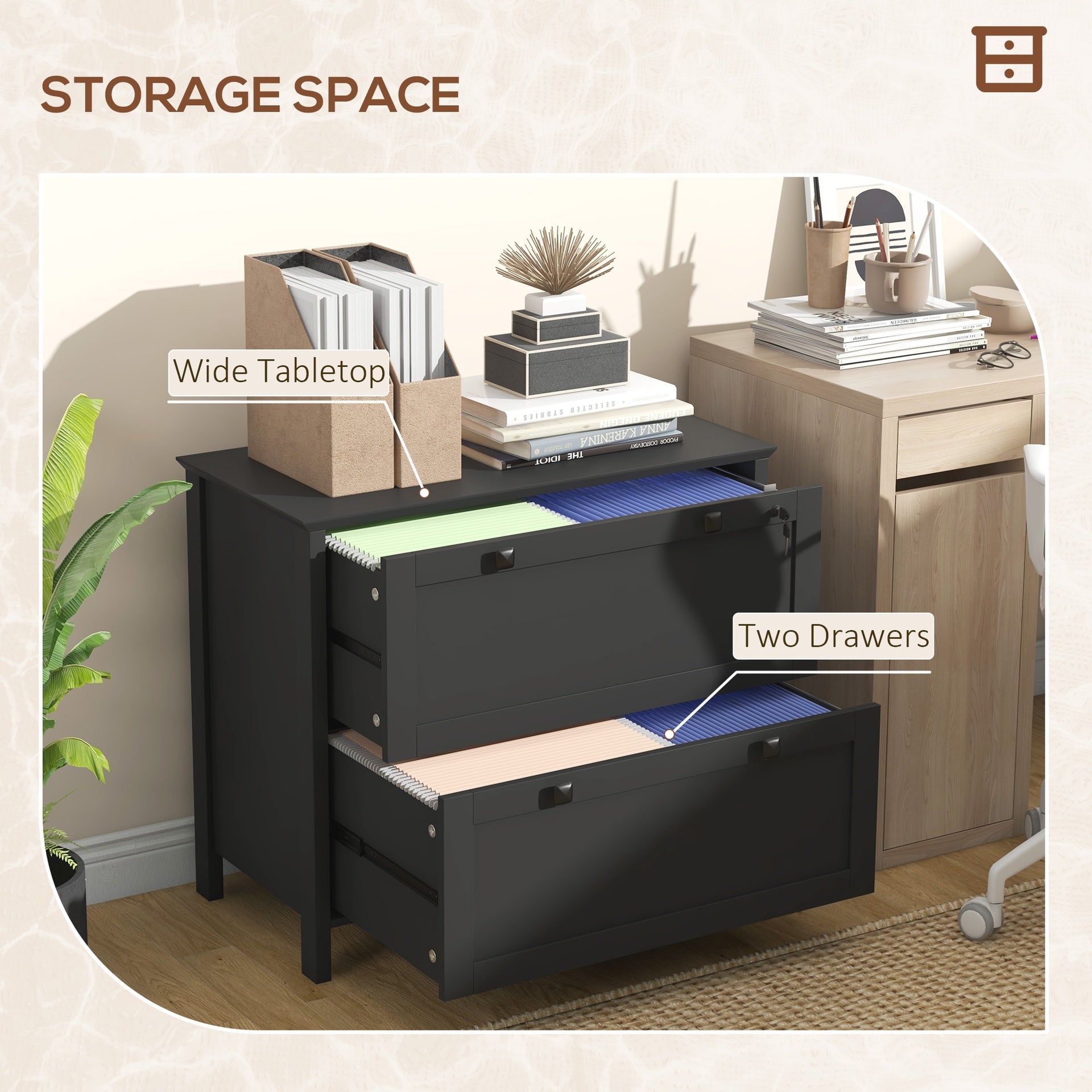 HOMCOM Lateral File Cabinet, 2 Drawer Filing Cabinet with Adjustable Hanging Bar for Letter, A4 and Legal Size, Black