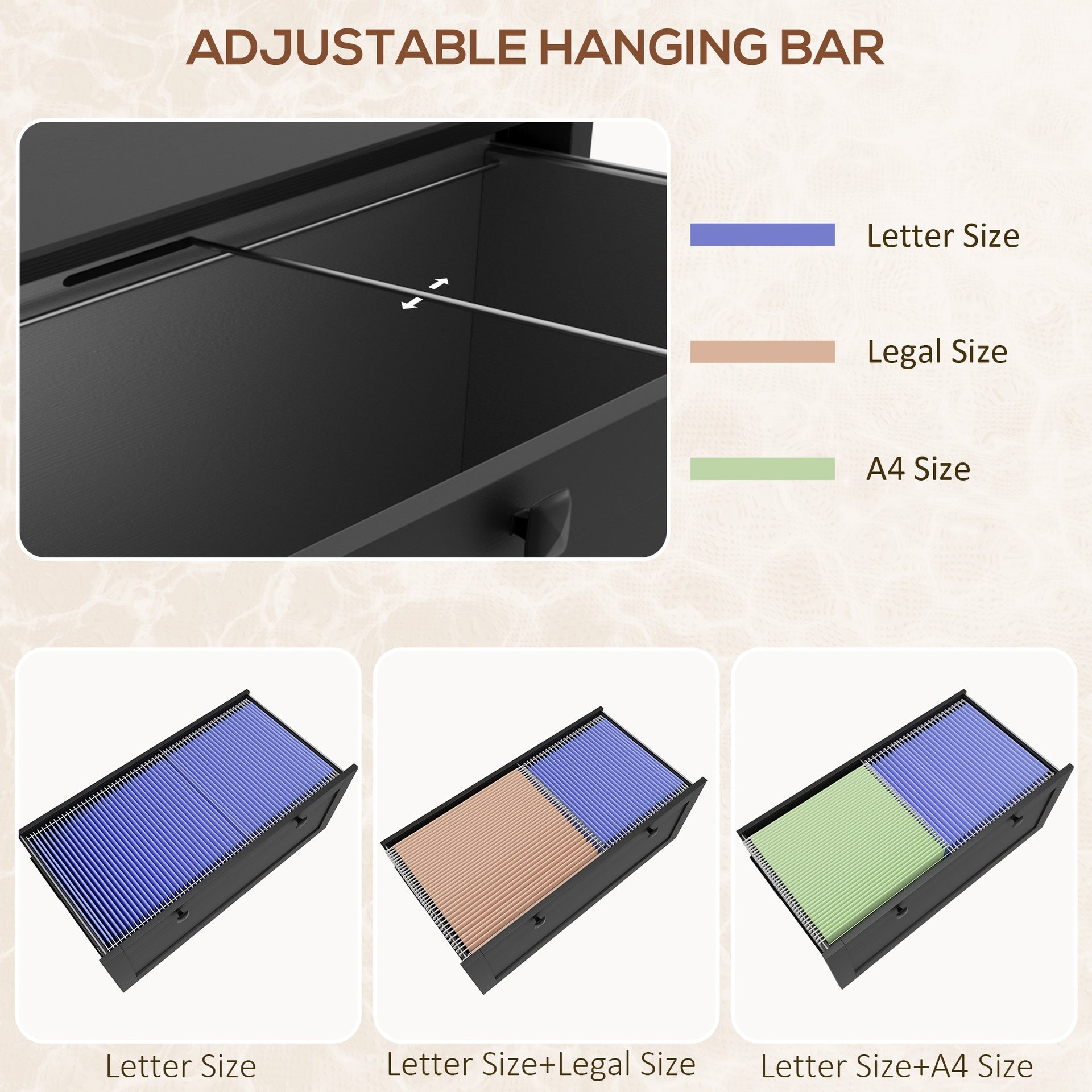 HOMCOM Lateral File Cabinet, 2 Drawer Filing Cabinet with Adjustable Hanging Bar for Letter, A4 and Legal Size, Black