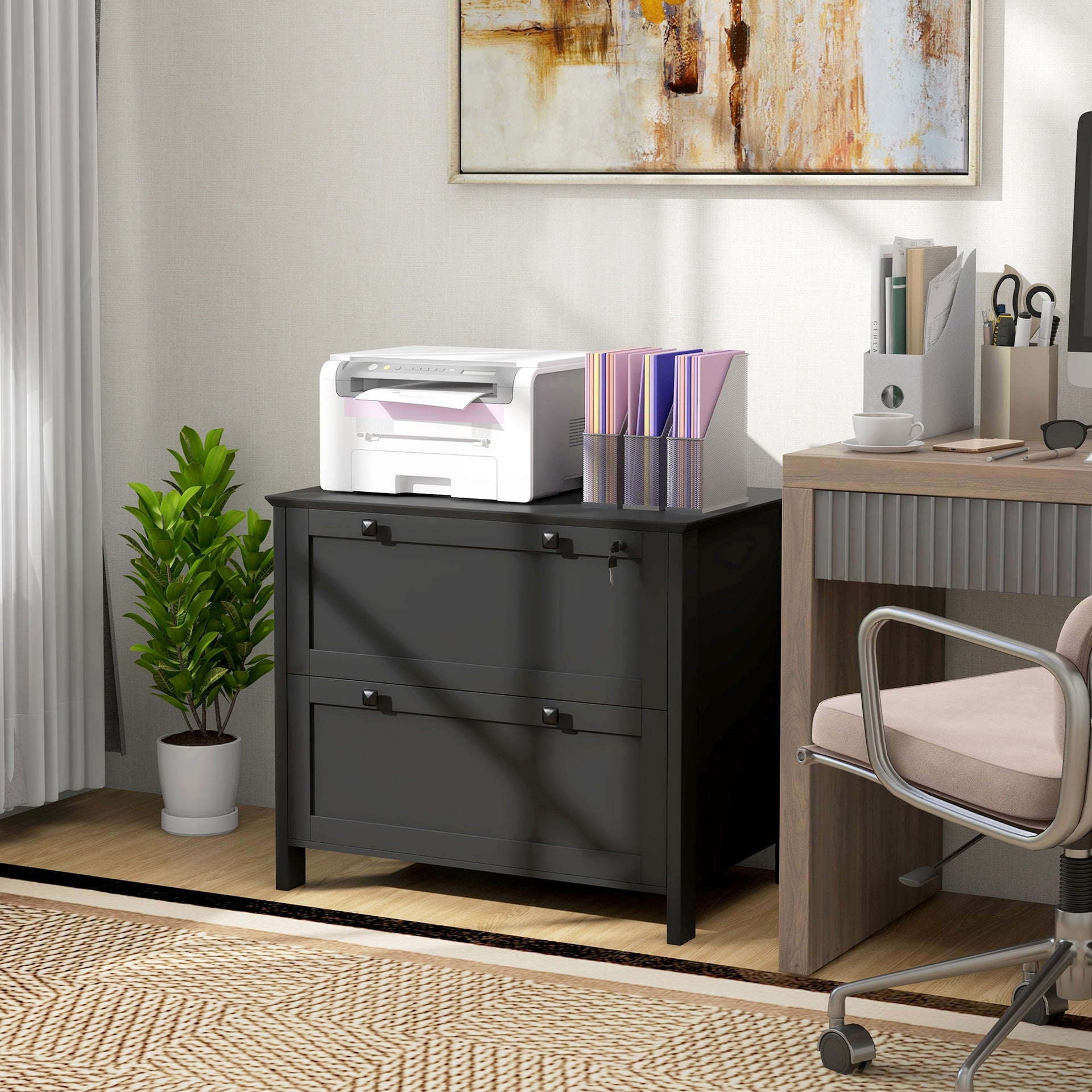HOMCOM Lateral File Cabinet, 2 Drawer Filing Cabinet with Adjustable Hanging Bar for Letter, A4 and Legal Size, Black