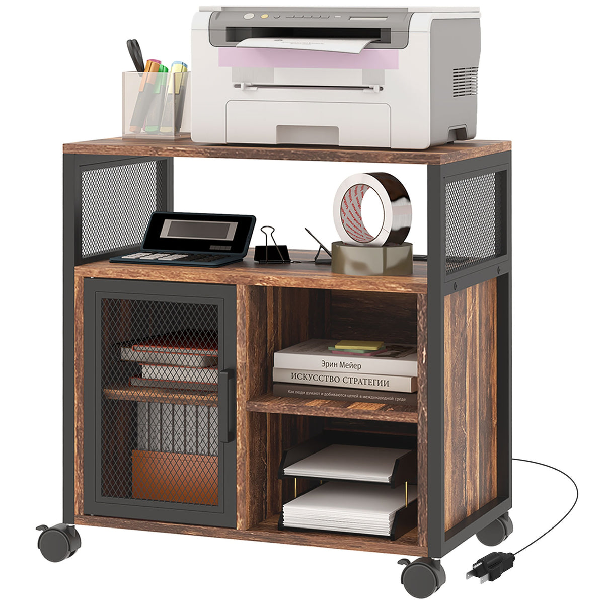 Vinsetto Printer Stand with Socket and USB Charging Ports, Industrial Mobile Printer Table with Storage and Wheels, Rustic Brown