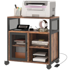 Vinsetto Printer Stand with Socket and USB Charging Ports, Industrial Mobile Printer Table with Storage and Wheels, Rustic Brown