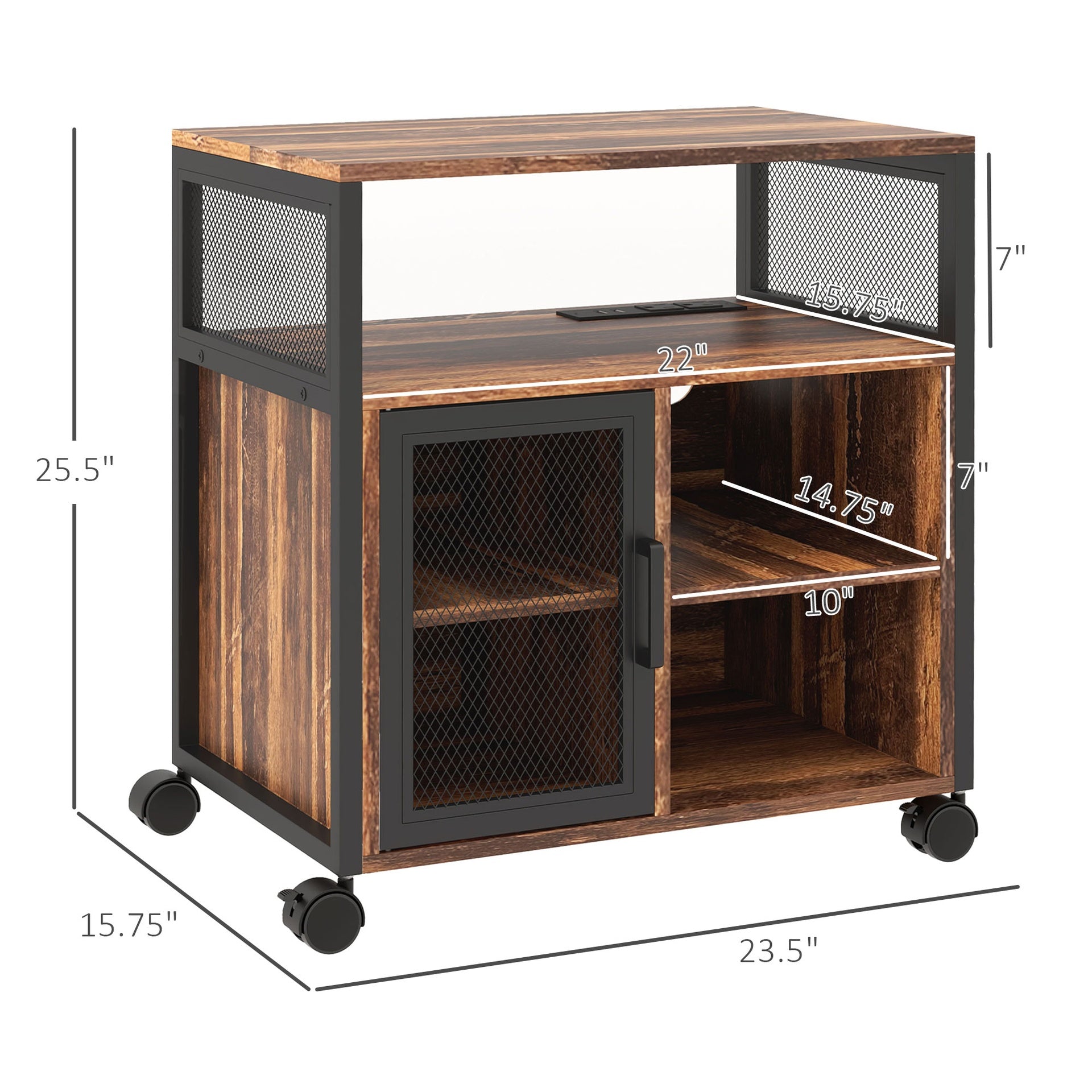 Vinsetto Printer Stand with Socket and USB Charging Ports, Industrial Mobile Printer Table with Storage and Wheels, Rustic Brown