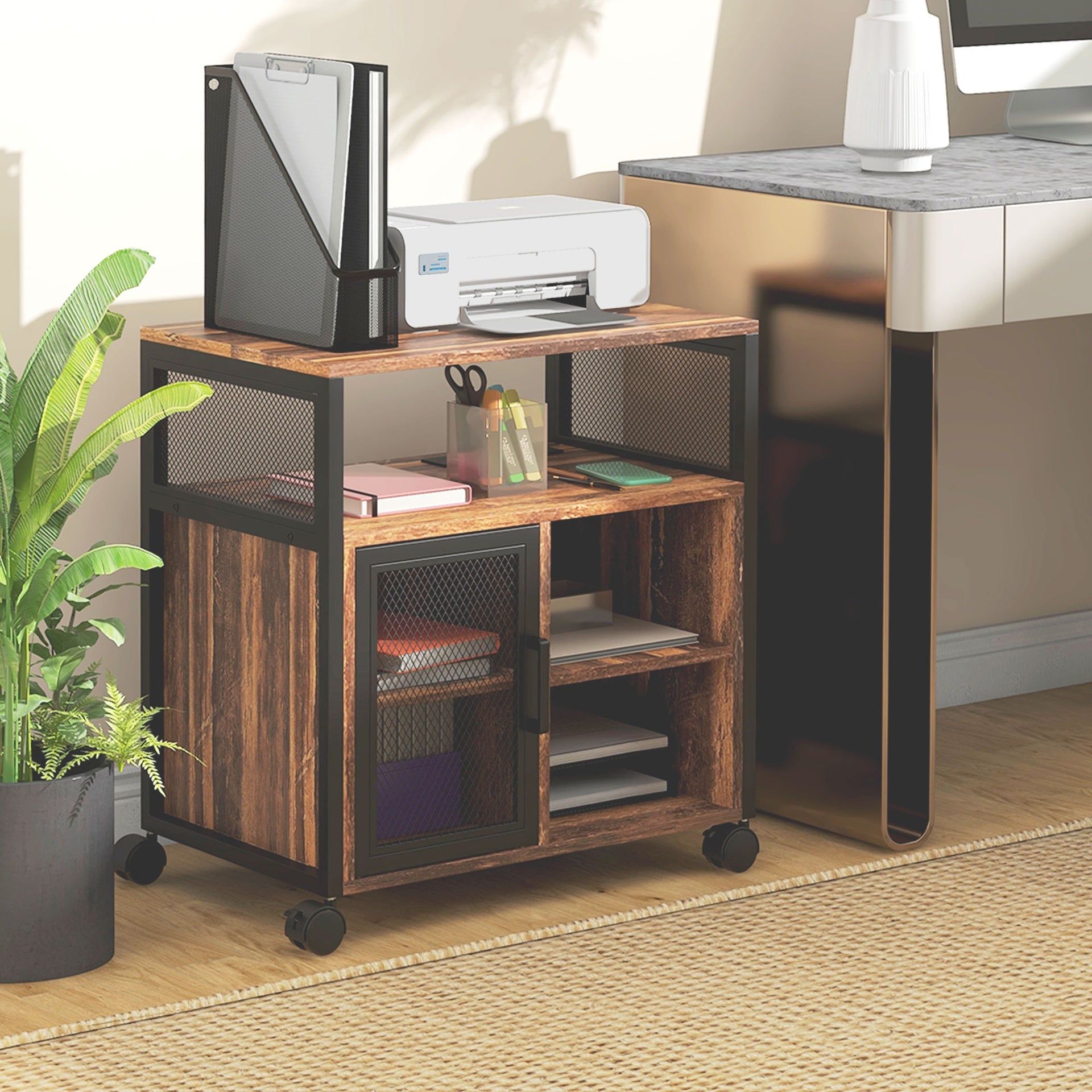 Vinsetto Printer Stand with Socket and USB Charging Ports, Industrial Mobile Printer Table with Storage and Wheels, Rustic Brown