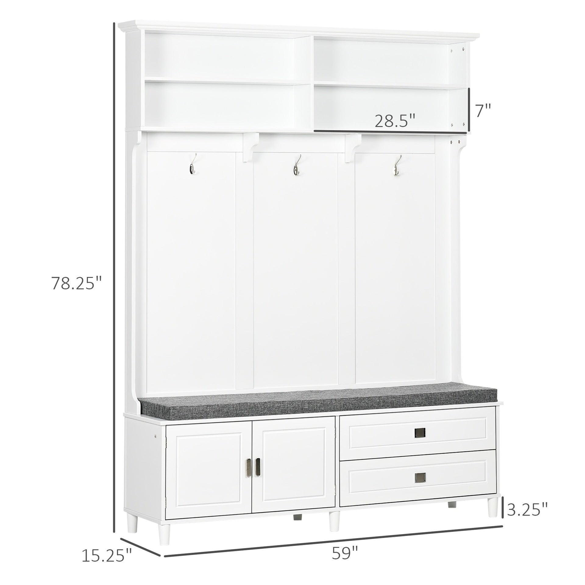HOMCOM Hall Tree with Storage Bench, Entryway Bench with Coat Rack, Accent Coat Tree with Storage Shelves, Cabinet and Drawers for Hallway, Mudroom, White