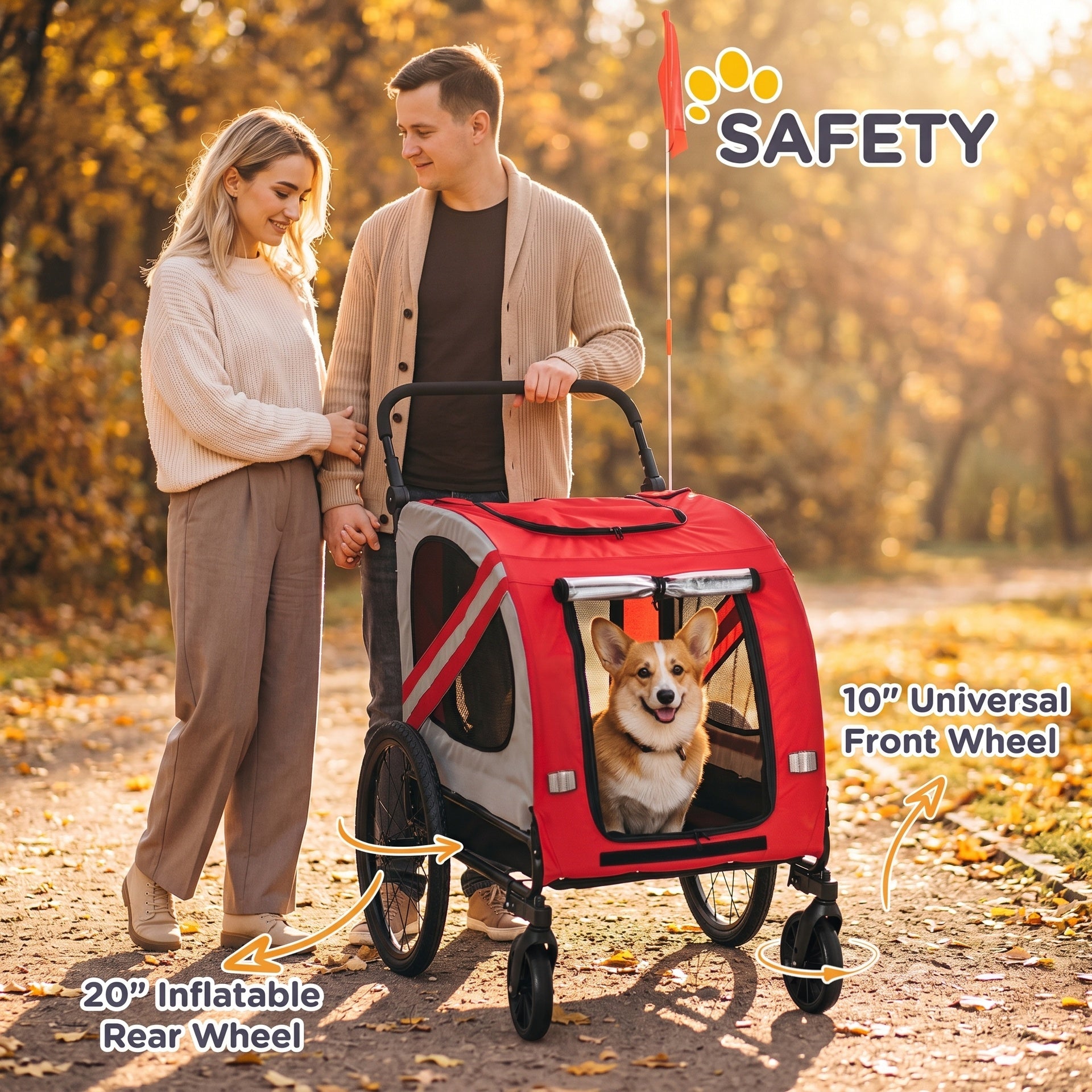 Aosom 2-in-1 Pet Bike Trailer for Small Medium Dogs, Road-Visibility Dog Stroller Bicycle Carrier, Weather-Strong Bike Wagon Trailer Sidecar Attachment, Red