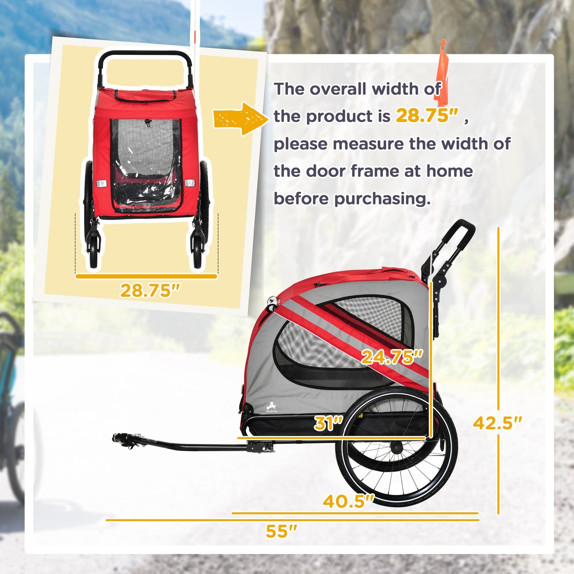 Aosom 2-in-1 Pet Bike Trailer for Small Medium Dogs, Road-Visibility Dog Stroller Bicycle Carrier, Weather-Strong Bike Wagon Trailer Sidecar Attachment, Red