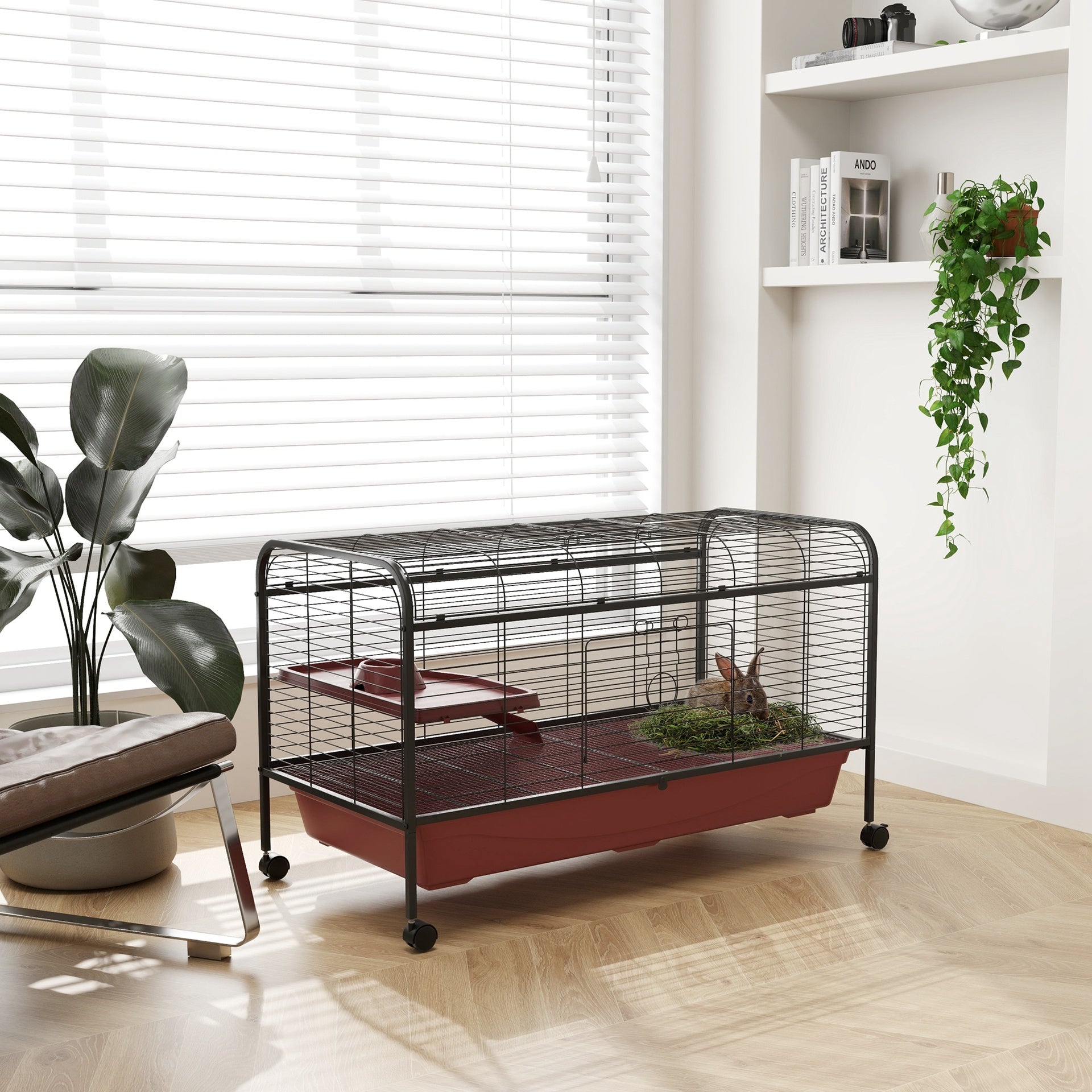 PawHut 48" L Small Animal Cage, Pet Play House for Rabbit Hutch or Ferret with Feeder, Rolling Wheels, Platform, Ramp