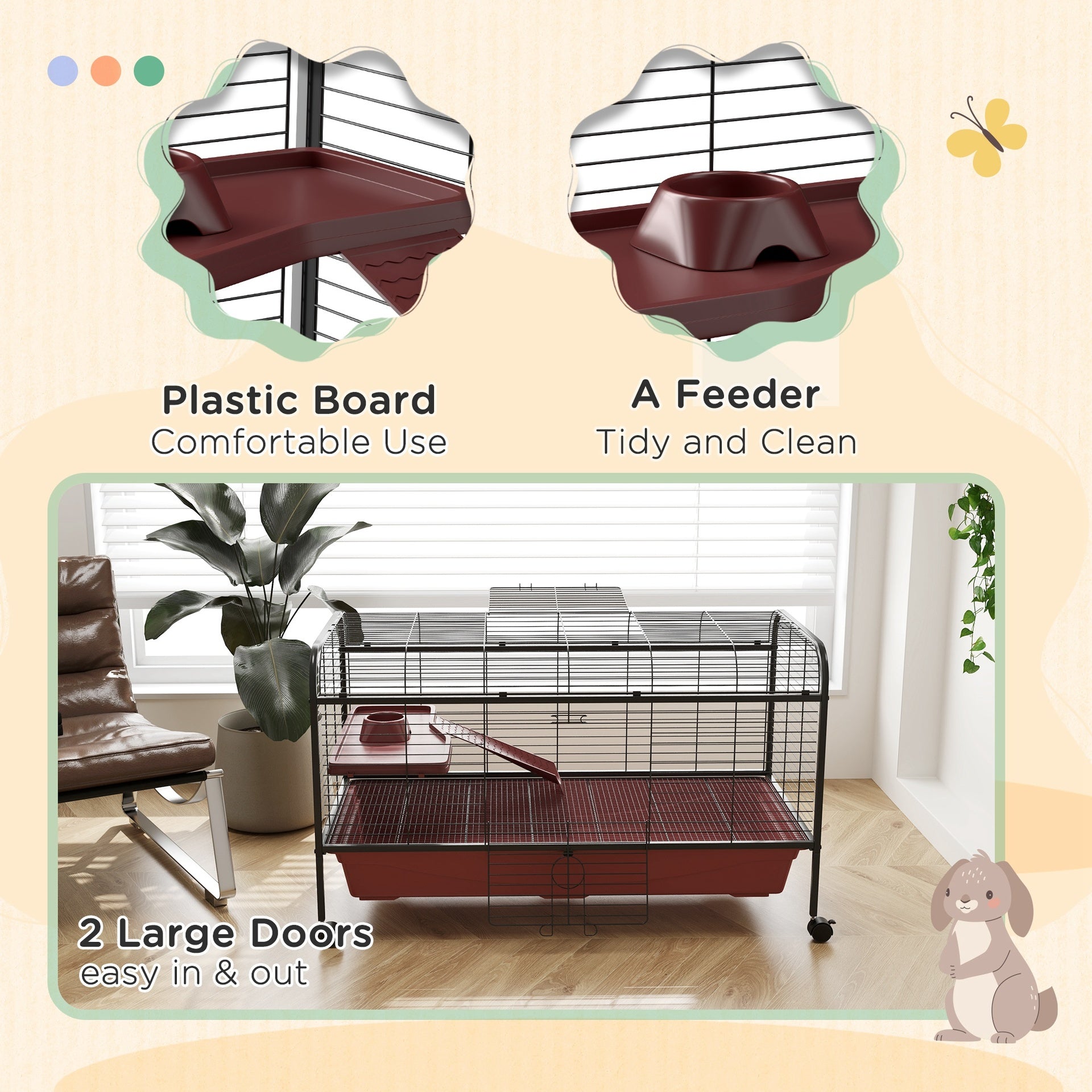 PawHut 48" L Small Animal Cage, Pet Play House for Rabbit Hutch or Ferret with Feeder, Rolling Wheels, Platform, Ramp