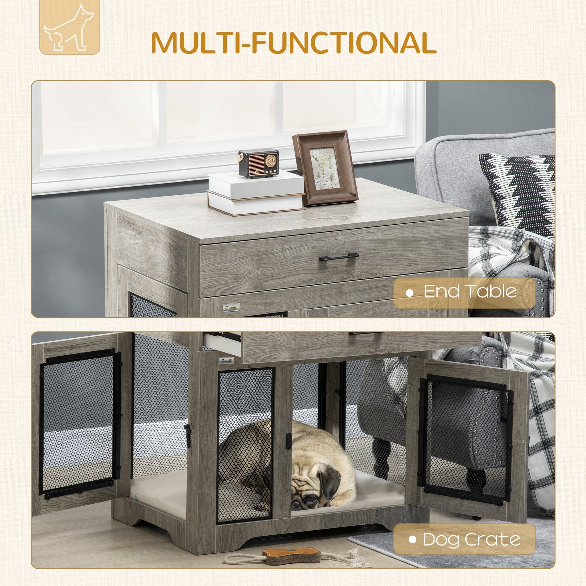 PawHut Dog Crate Furniture with Soft Water-Resistant Cushion, Drawer, for Small Dogs, Grey