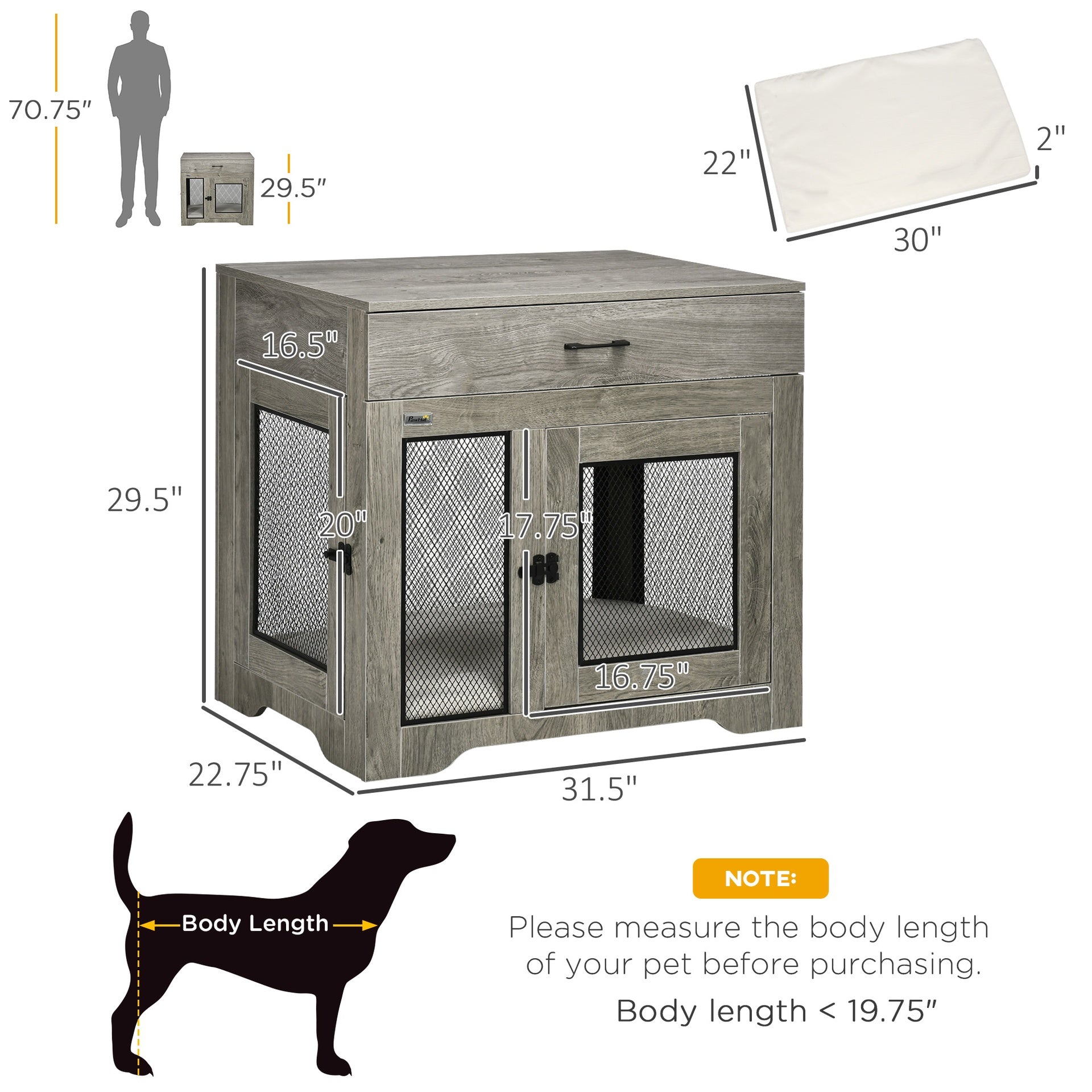 PawHut Dog Crate Furniture with Soft Water-Resistant Cushion, Drawer, for Small Dogs, Grey