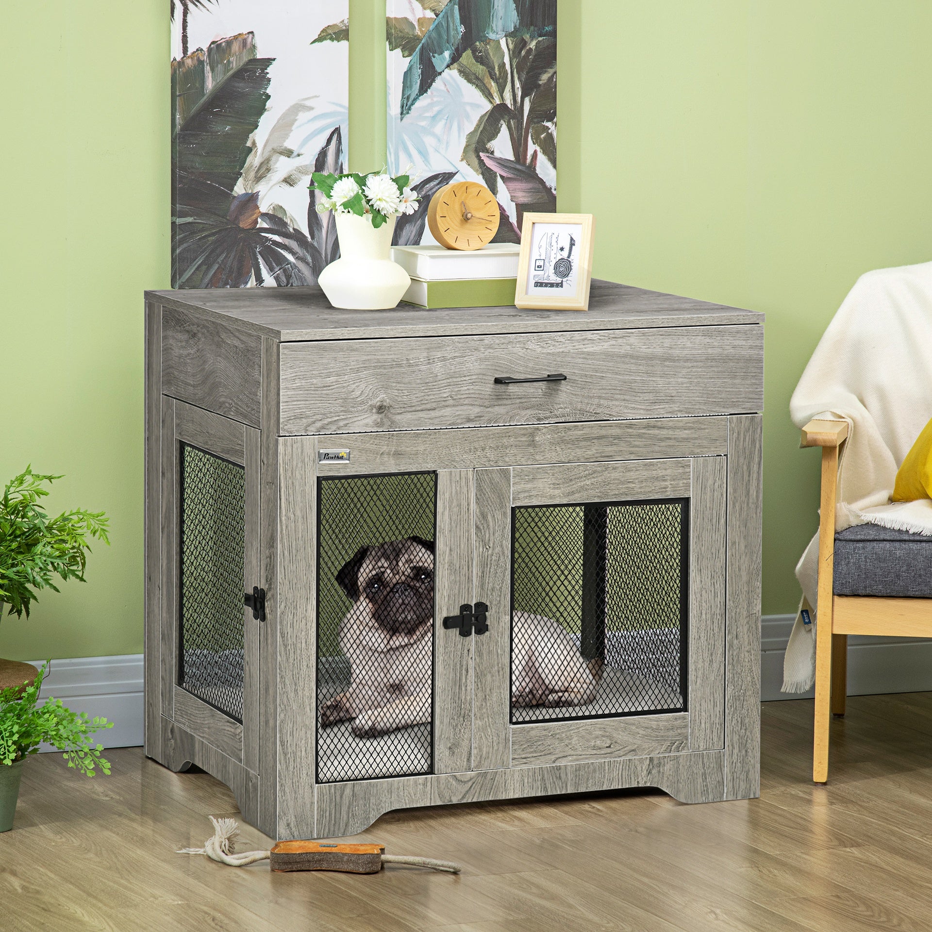 PawHut Dog Crate Furniture with Soft Water-Resistant Cushion, Drawer, for Small Dogs, Grey