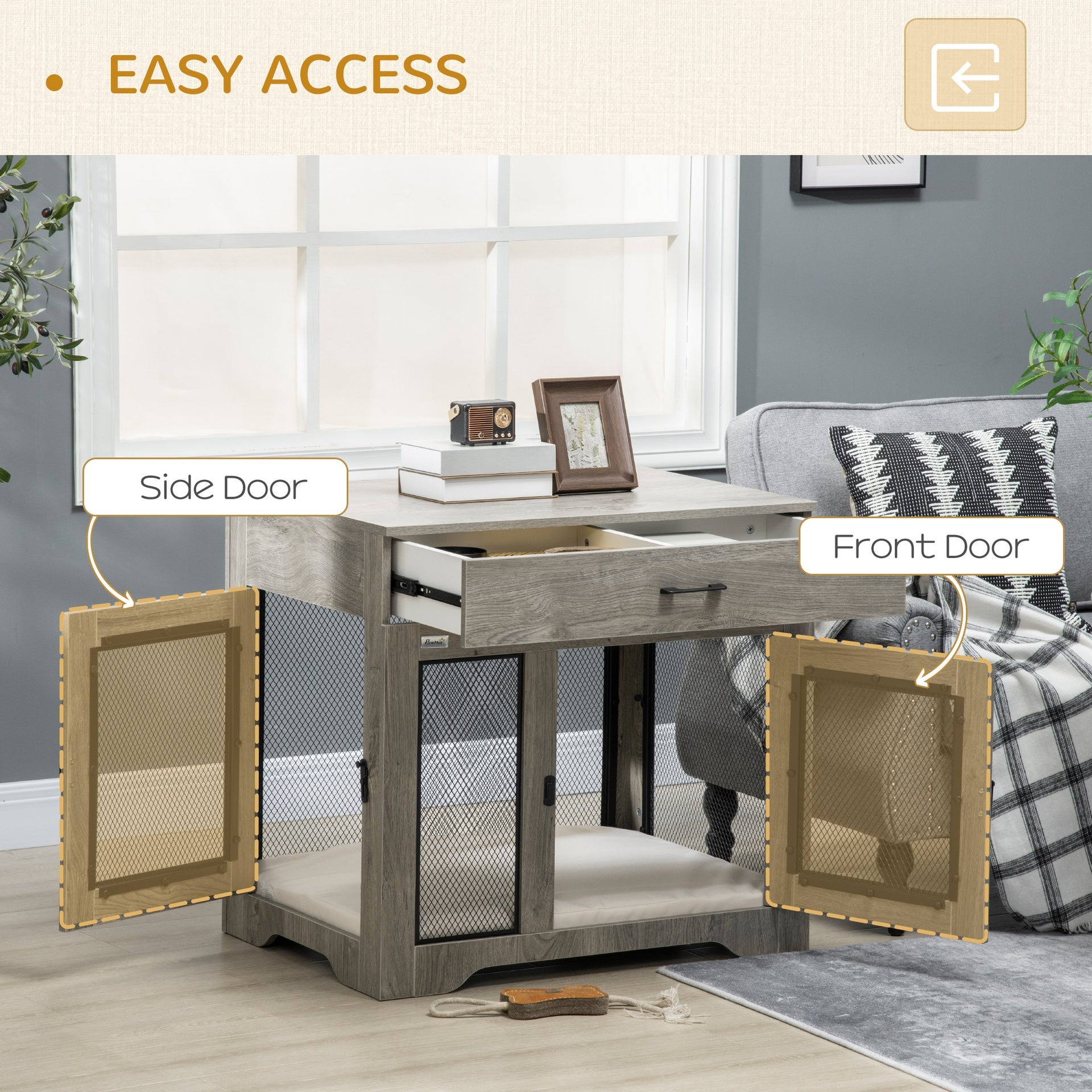 PawHut Dog Crate Furniture with Soft Water-Resistant Cushion, Drawer, for Small Dogs, Grey