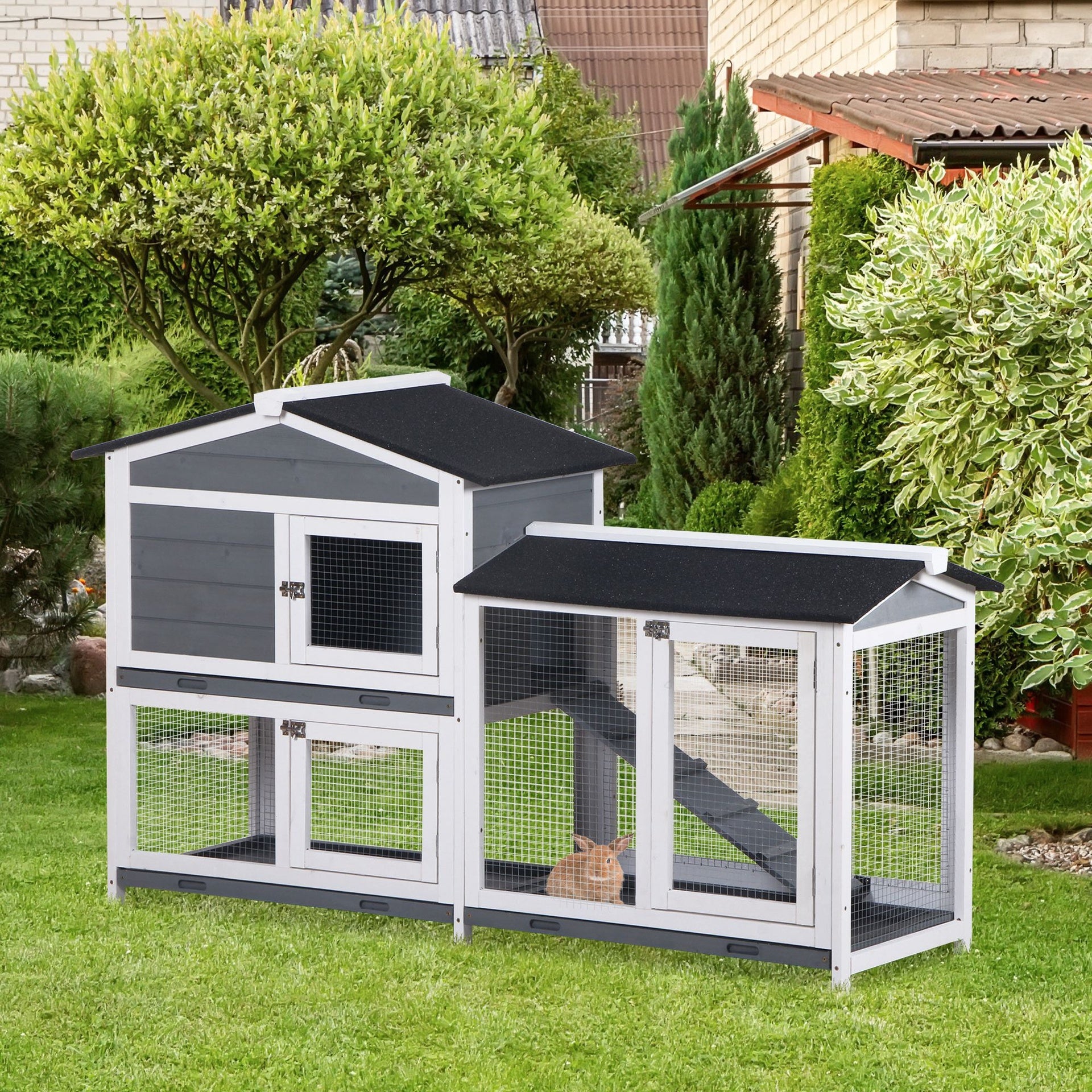 PawHut 2-tier Indoor Rabbit Enclosure, Wood Hutch Backyard Small Animal House Ramp Outdoor Run Enclosed