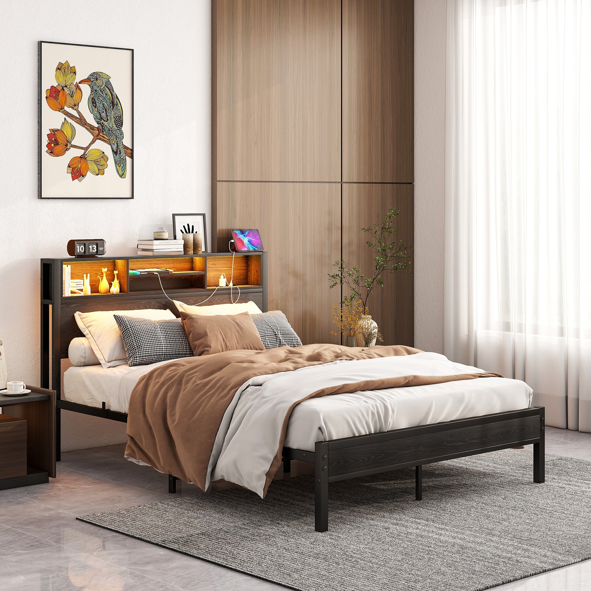 Full Size Bed Frame with Storage Headboard, Metal Platform Bed with Charging Station,  Bookcase Storage, No Box Spring Needed, Easy Assembly, Noise-Free, Black