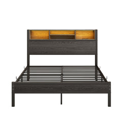 Full Size Bed Frame with Storage Headboard, Metal Platform Bed with Charging Station,  Bookcase Storage, No Box Spring Needed, Easy Assembly, Noise-Free, Black
