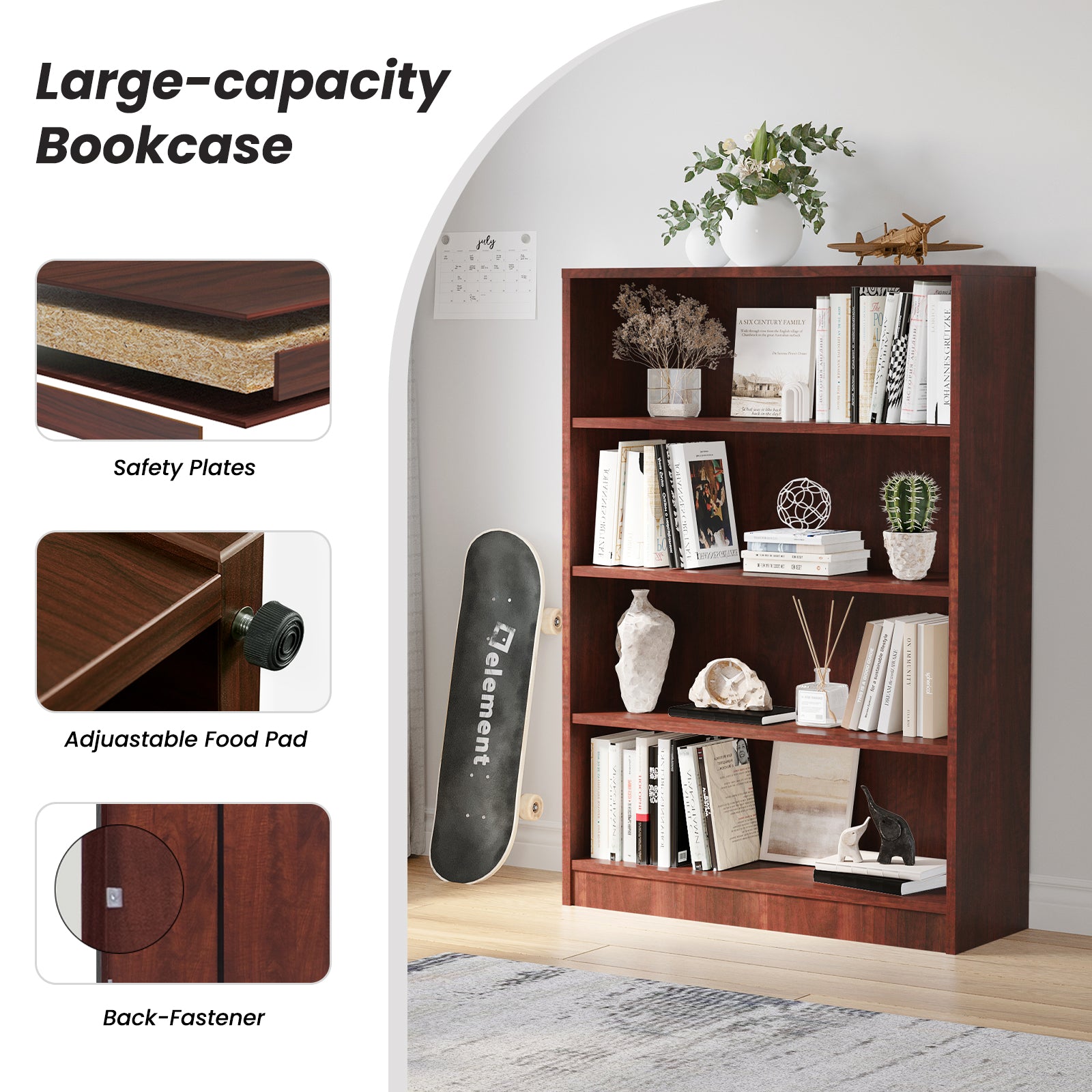 4 Shelf boockase Display Bookcase Freestanding Wooden Bookshelves for Home Office Living Room,48 Inch Height