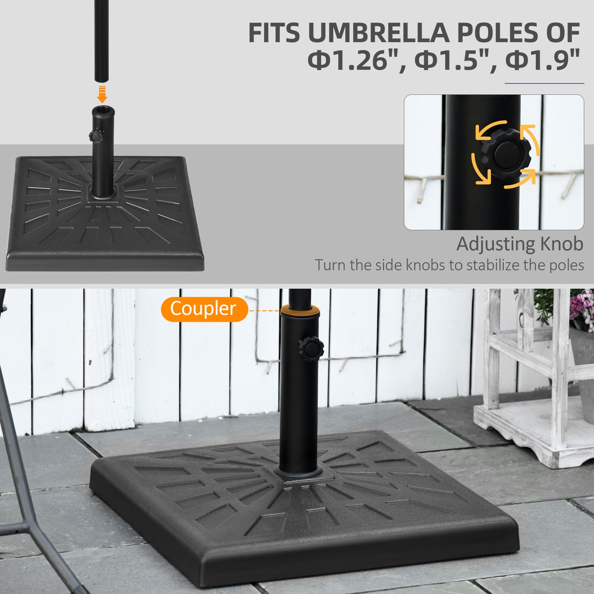 Outsunny 42lbs Resin Patio Umbrella Base, 20" Square Outdoor Umbrella Stand Holder for Parasol Poles 1.26", 1.5", and 1.9" Dia, Black