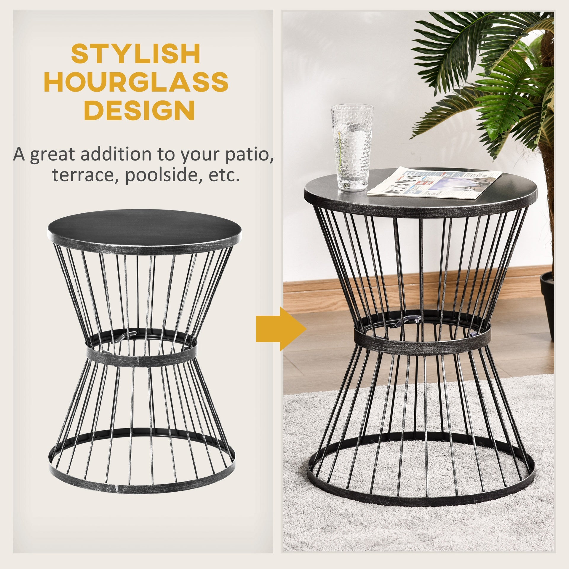 Outsunny 16" Steel Patio Side Table, Garden End Table with Hourglass Design, Accent Table for Outdoor and Indoor Use, Distressed Black
