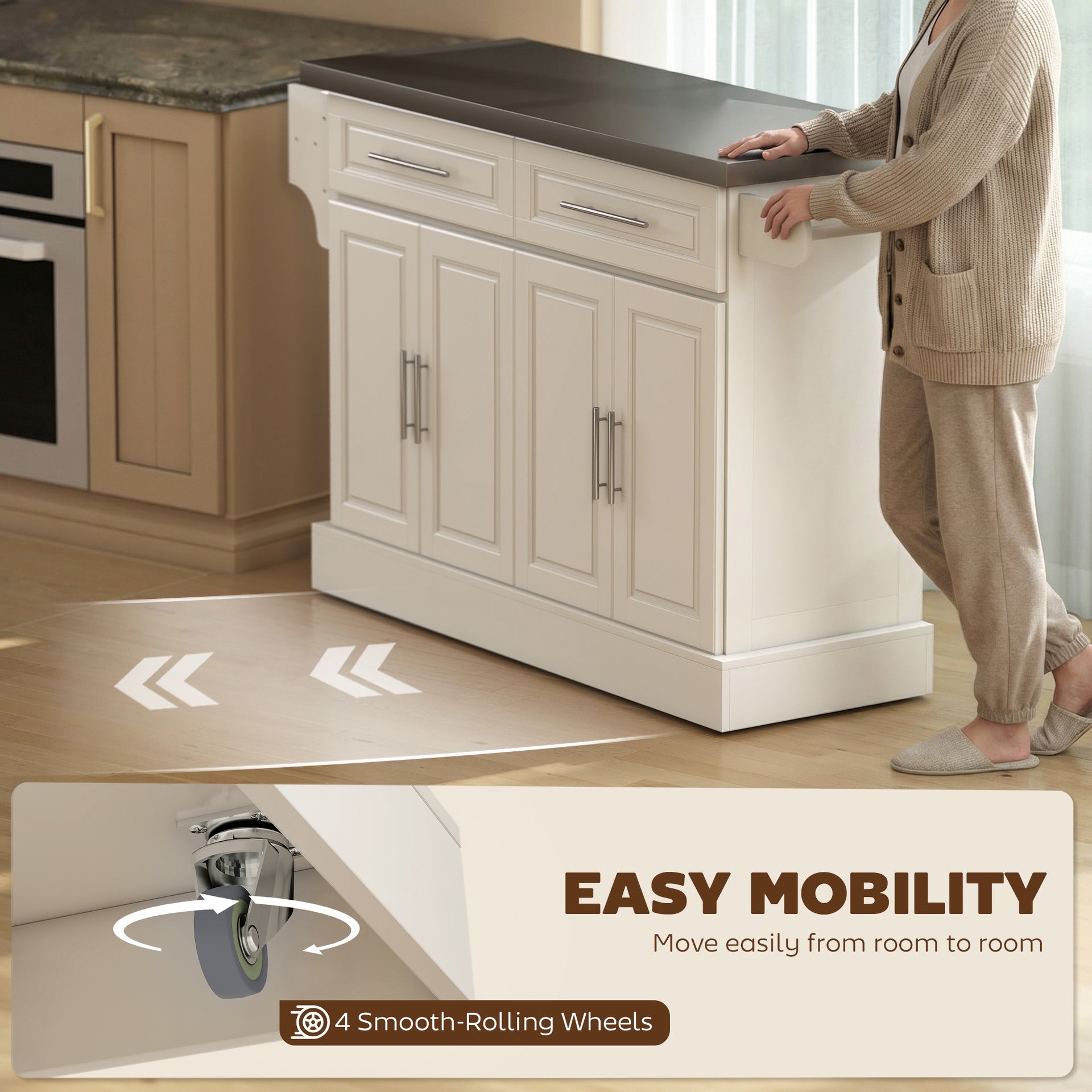 HOMCOM Rolling Kitchen Island with Stainless Steel Top, 2 Drawers, Spice, Knife and Towel Rack and Cabinets, Cream White